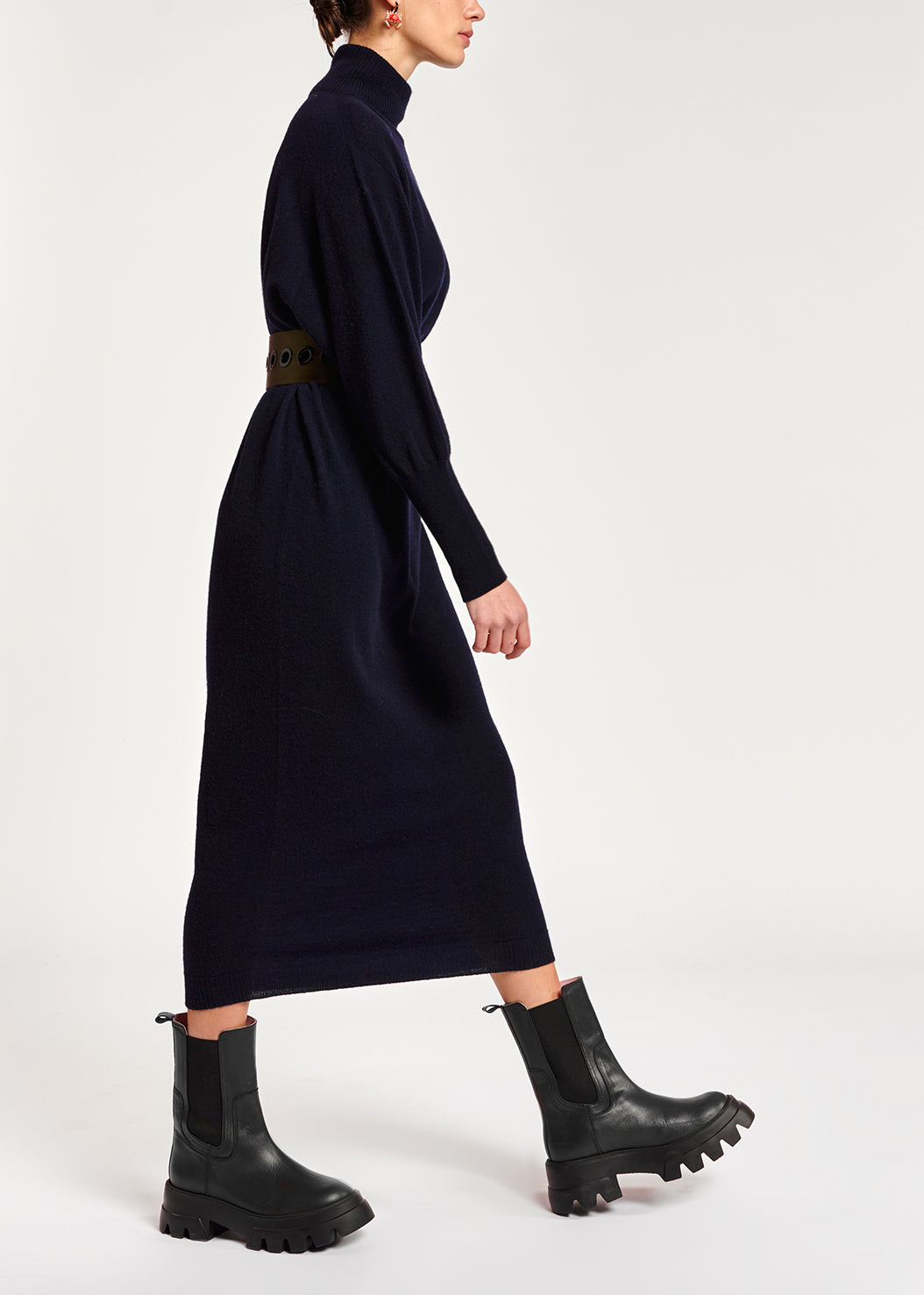 Dark blue midi-length merino wool blend knit dress RE—SSENTIEL | Essentiel second hand