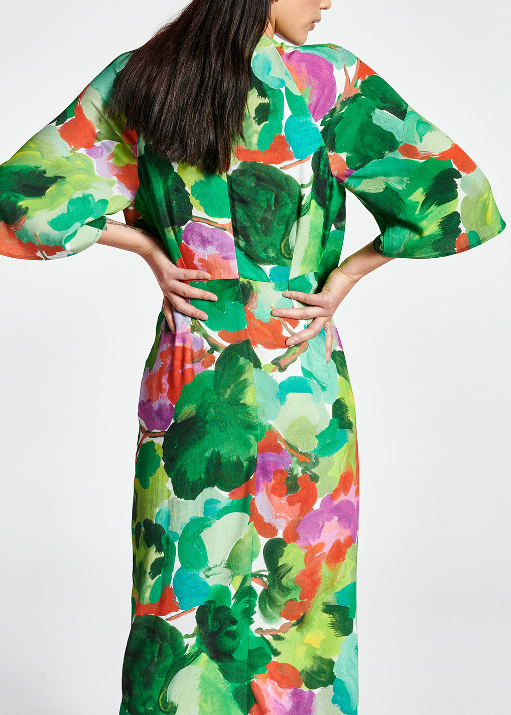 Green, lilac and orange watercolor-print midi dress RE—SSENTIEL | Essentiel second hand