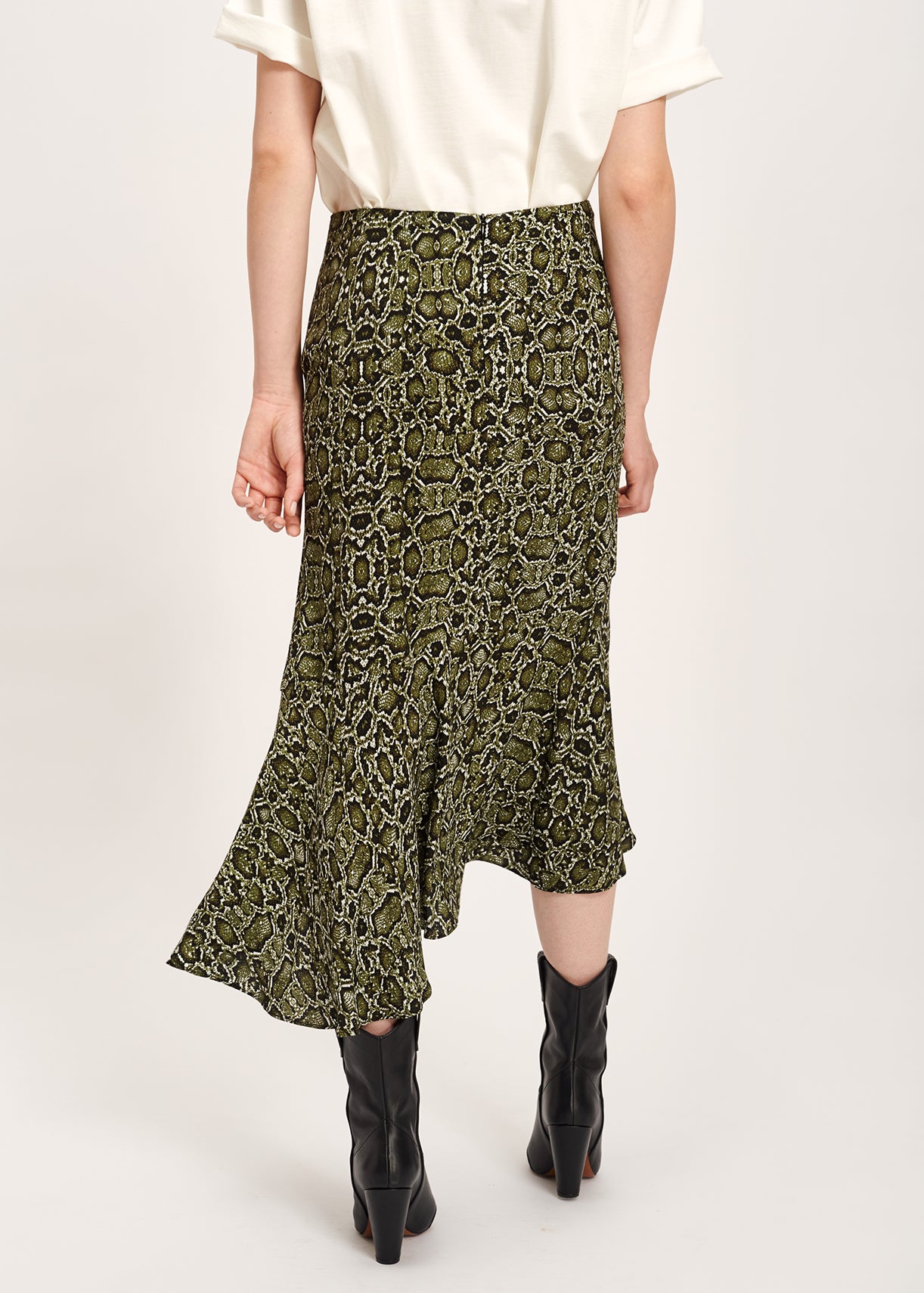 Kakigroene midirok met slangenprint RE—SSENTIEL | Essentiel second hand
