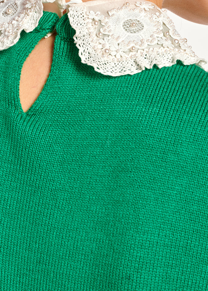Green sweater with lace and pearl-embroidered collar RE—SSENTIEL | Essentiel second hand