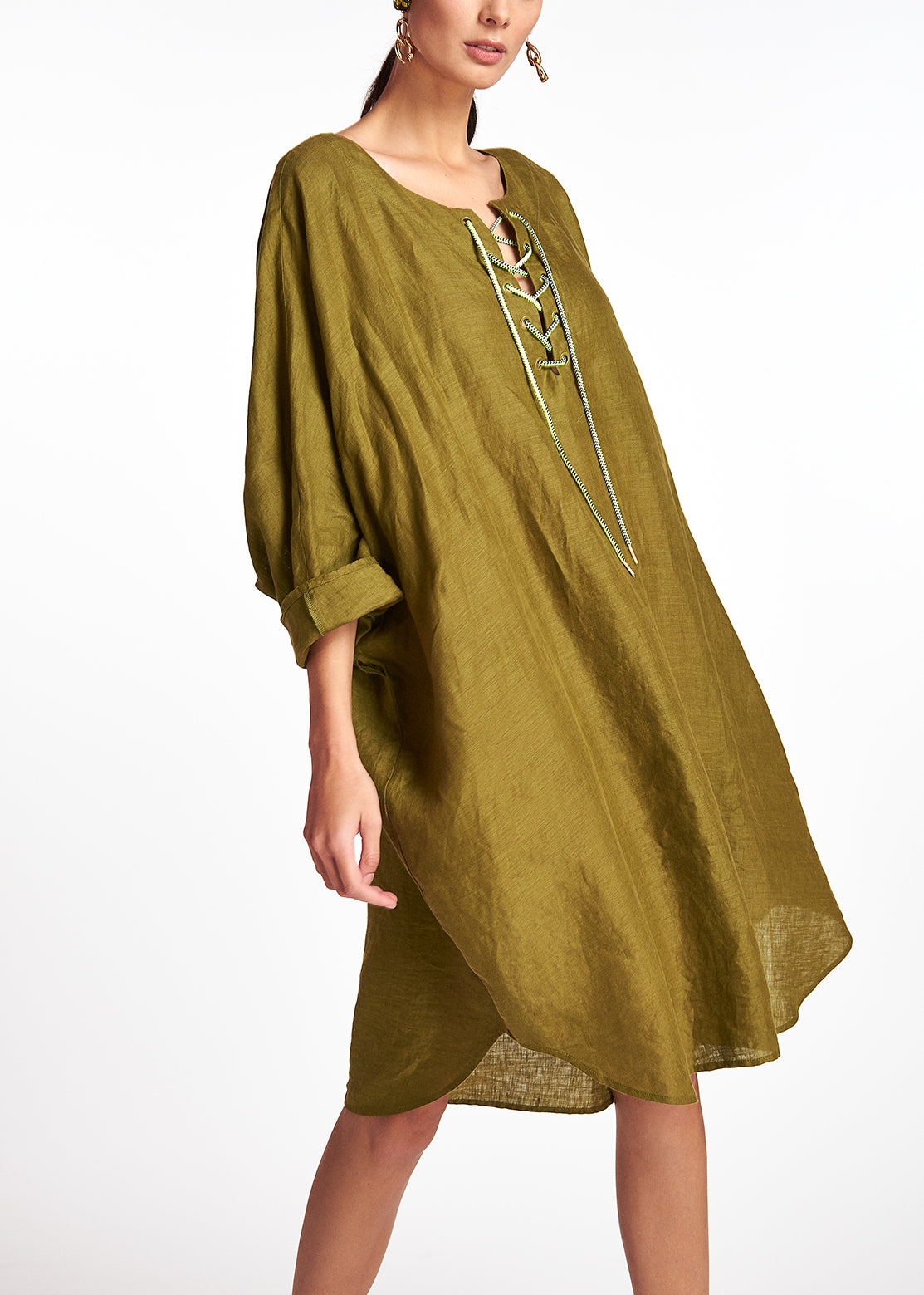 Oversized khaki green linen dress RE—SSENTIEL | Essentiel second hand