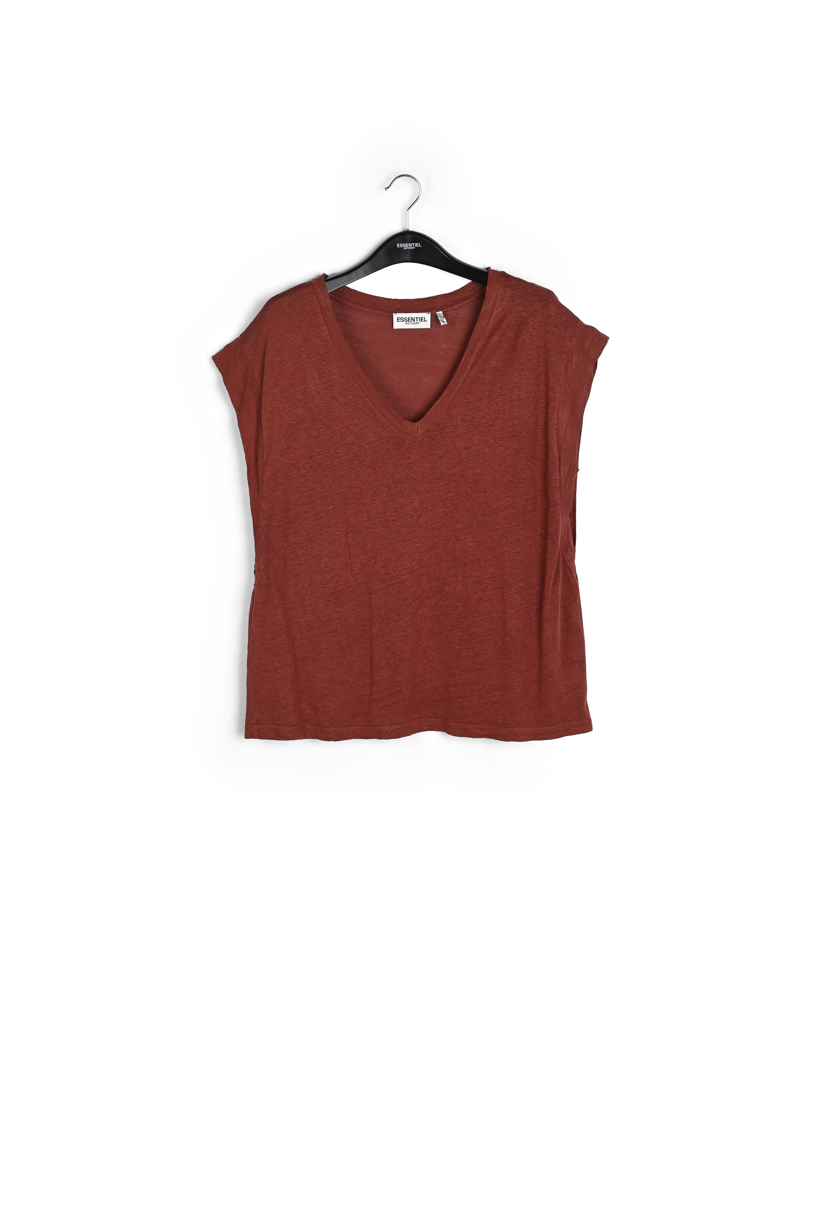 Burgundy linen V-neck T-shirt RE—SSENTIEL | Essentiel second hand