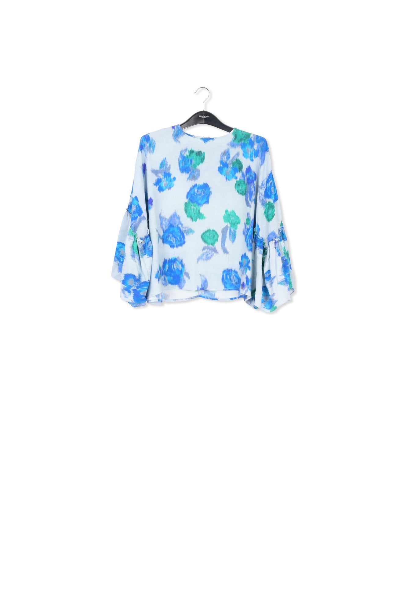Light blue, blue and green floral printed top with ruffled sleeves RE—SSENTIEL | Essentiel second hand