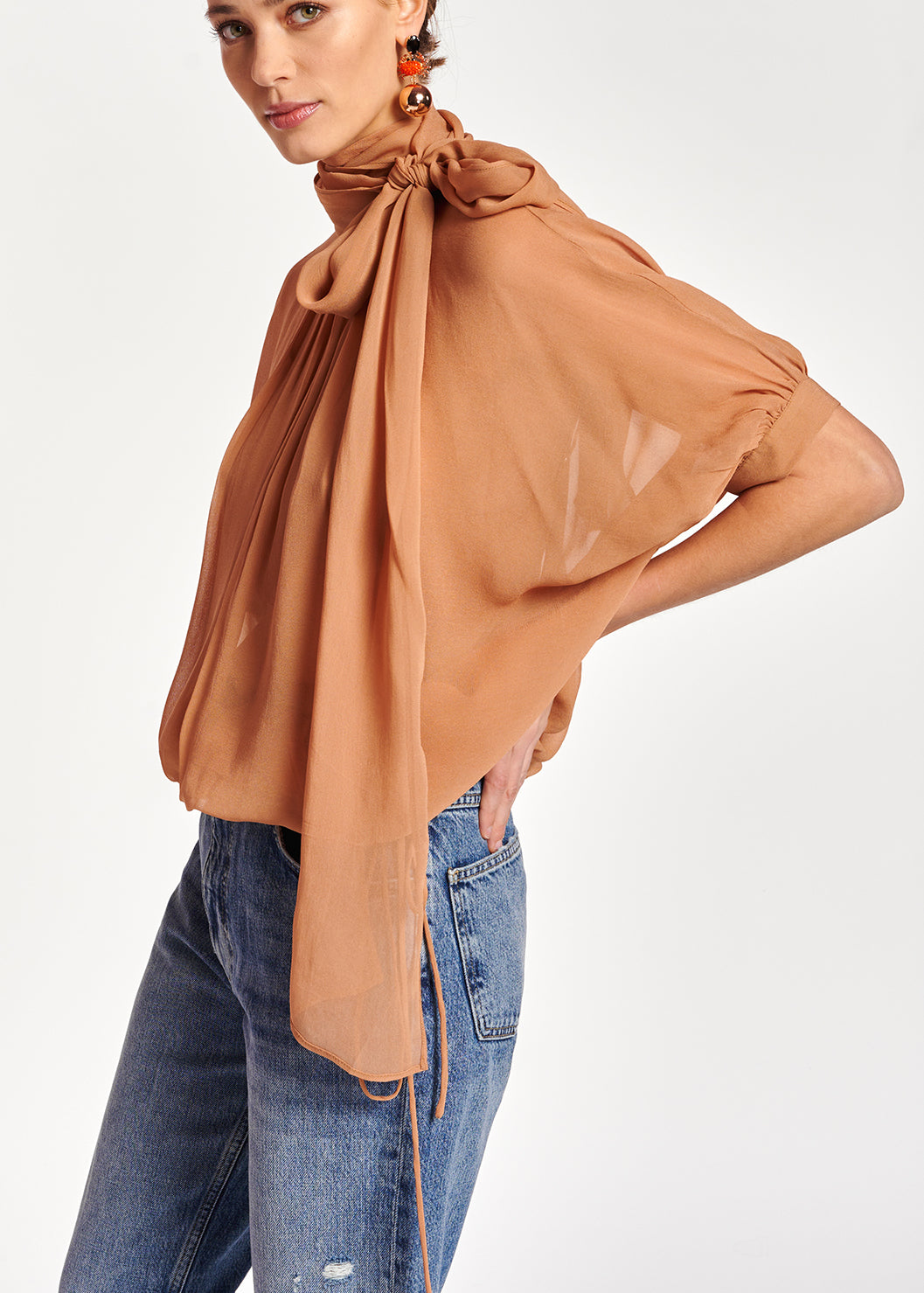 Tan voluminous sheer top RE—SSENTIEL | Essentiel second hand