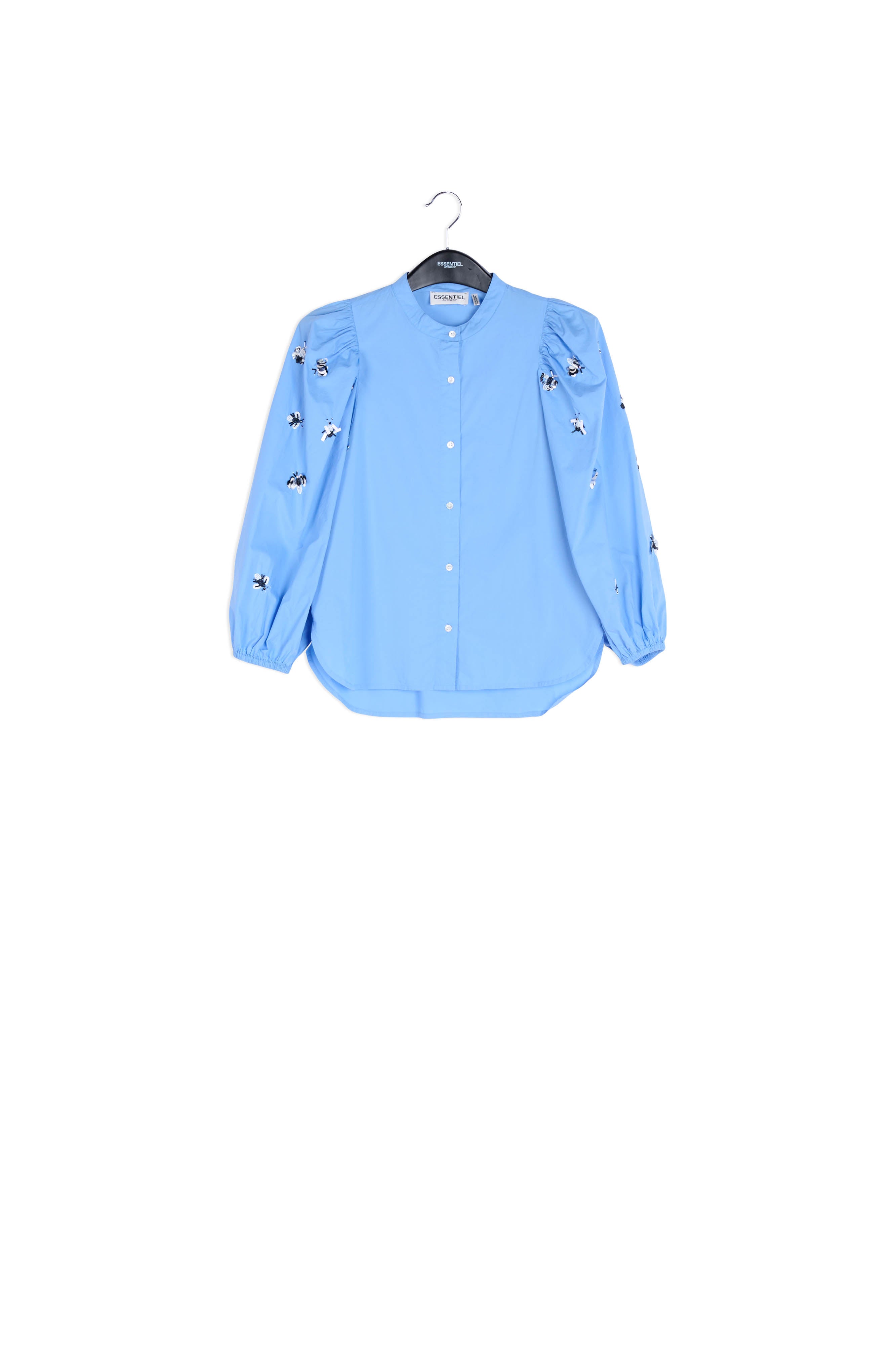 Blue cotton-poplin embroidered puffed-sleeve shirt RE—SSENTIEL | Essentiel second hand
