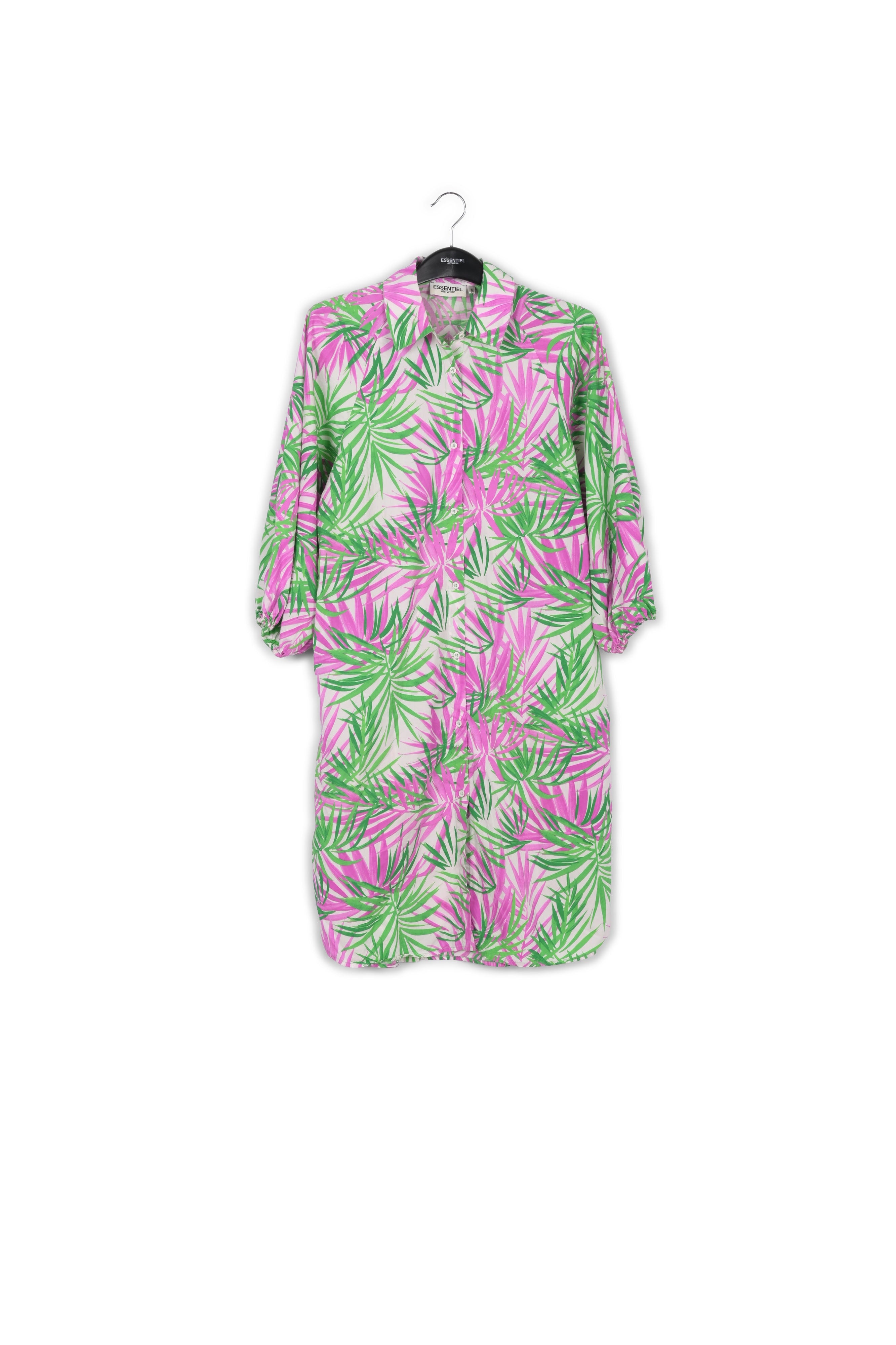 White, purple and green knee-length shirt dress with palm leaf print RE—SSENTIEL | Essentiel second hand