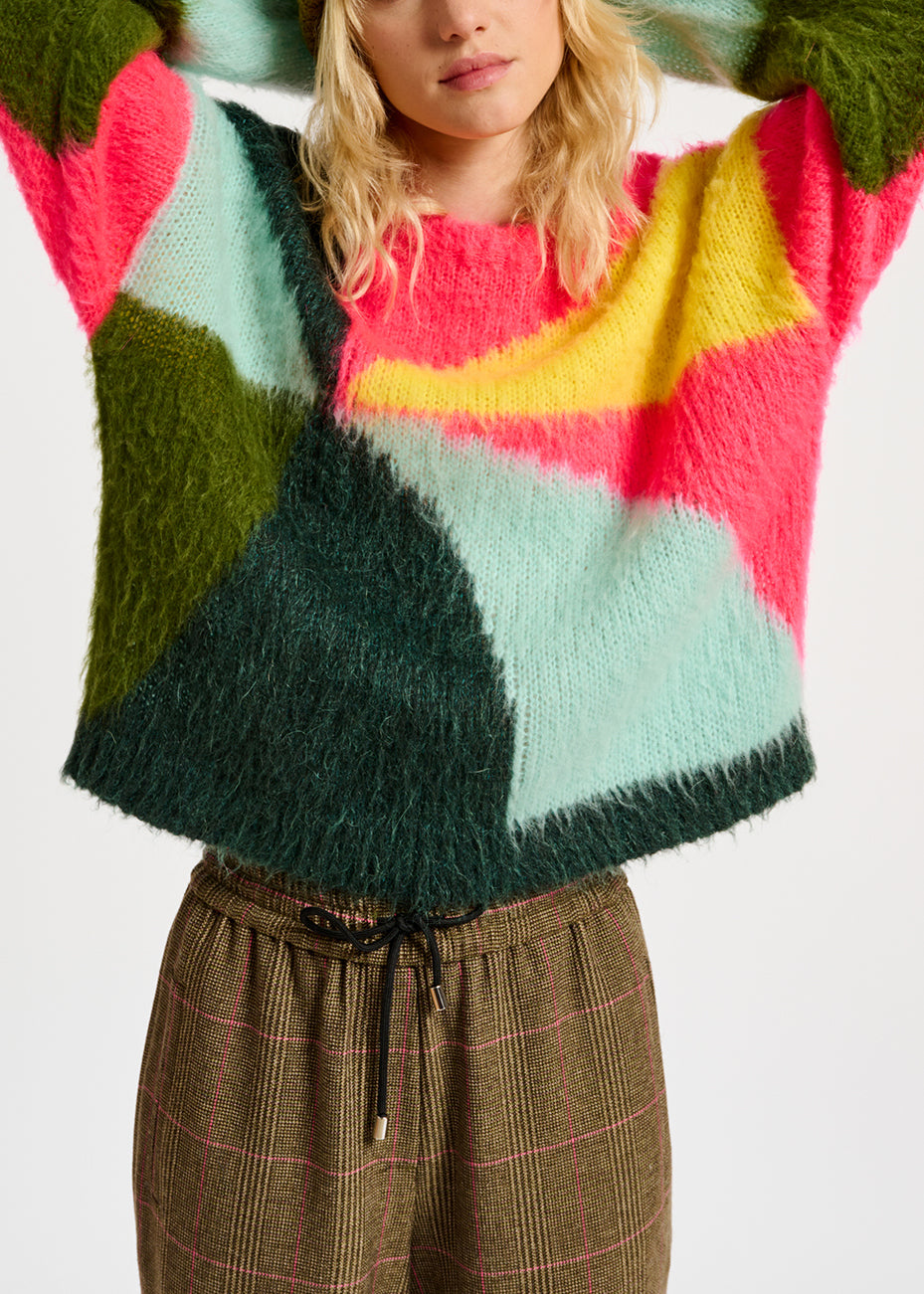 Pull en tricot intarsia vert foncé, bleu et rouge RE—SSENTIEL | Essentiel second hand