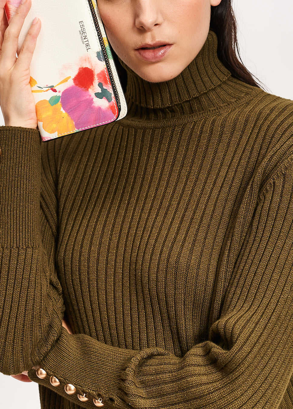 Army green cotton and wool-blend turtleneck sweater RE—SSENTIEL | Essentiel second hand