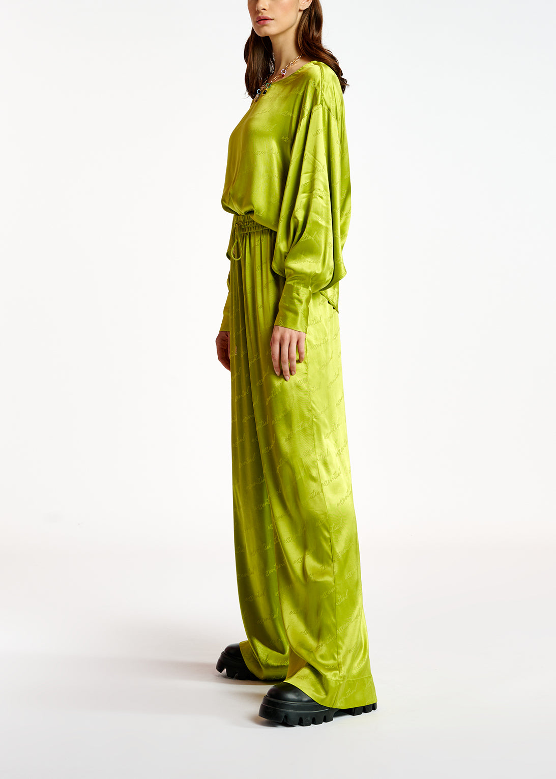 Lime green satin jacquard wide-leg pants RE—SSENTIEL | Essentiel second hand