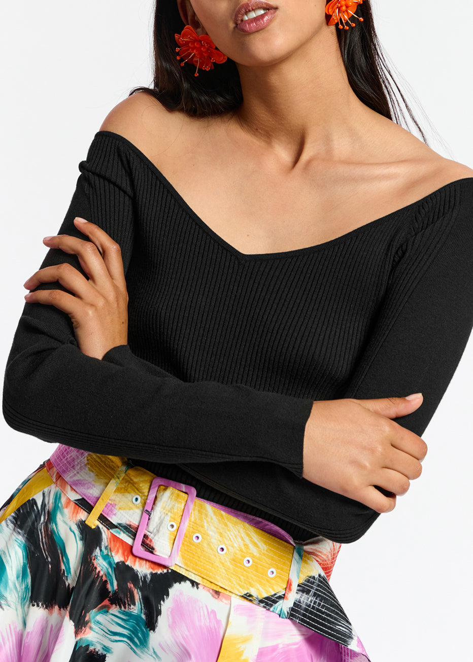 Black slim-fit off-the-shoulder knit sweater RE—SSENTIEL | Essentiel second hand