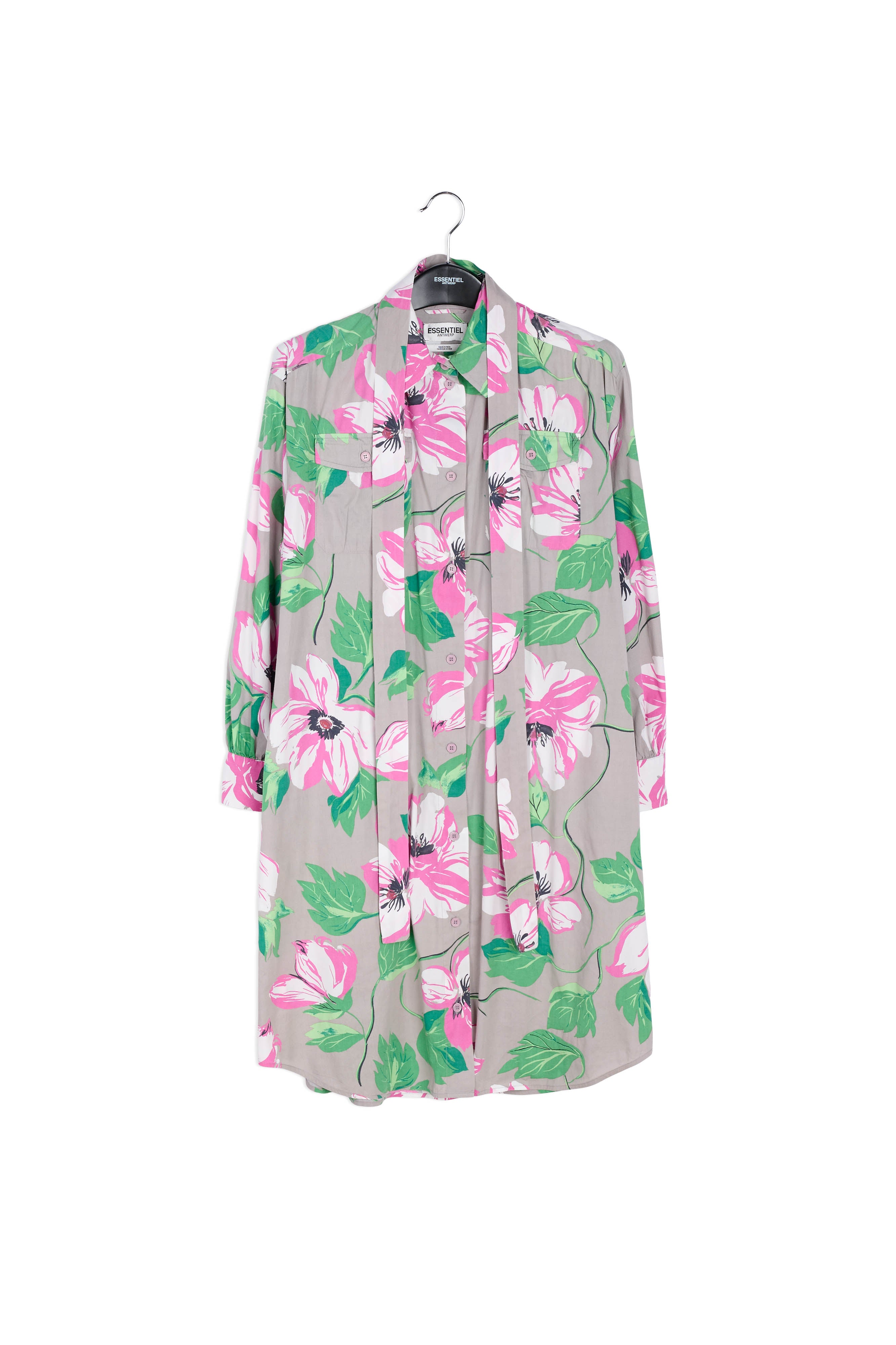 Grijze katoenen hemdjurk met bloemenprint RE—SSENTIEL | Essentiel second hand