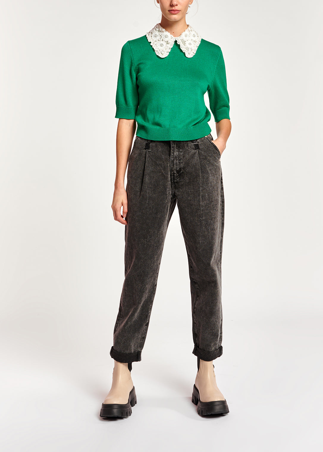 Green sweater with lace and pearl-embroidered collar RE—SSENTIEL | Essentiel second hand