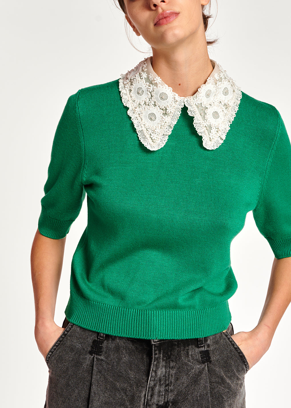 Green sweater with lace and pearl-embroidered collar RE—SSENTIEL | Essentiel second hand