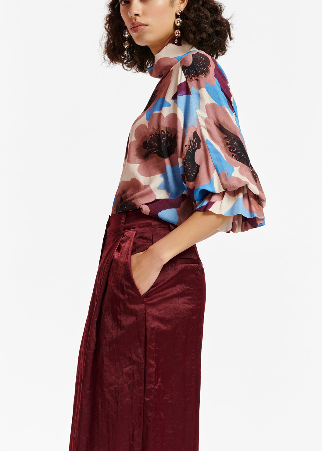 Mauve, burgundy and blue floral print top with stand-up collar RE—SSENTIEL | Essentiel second hand