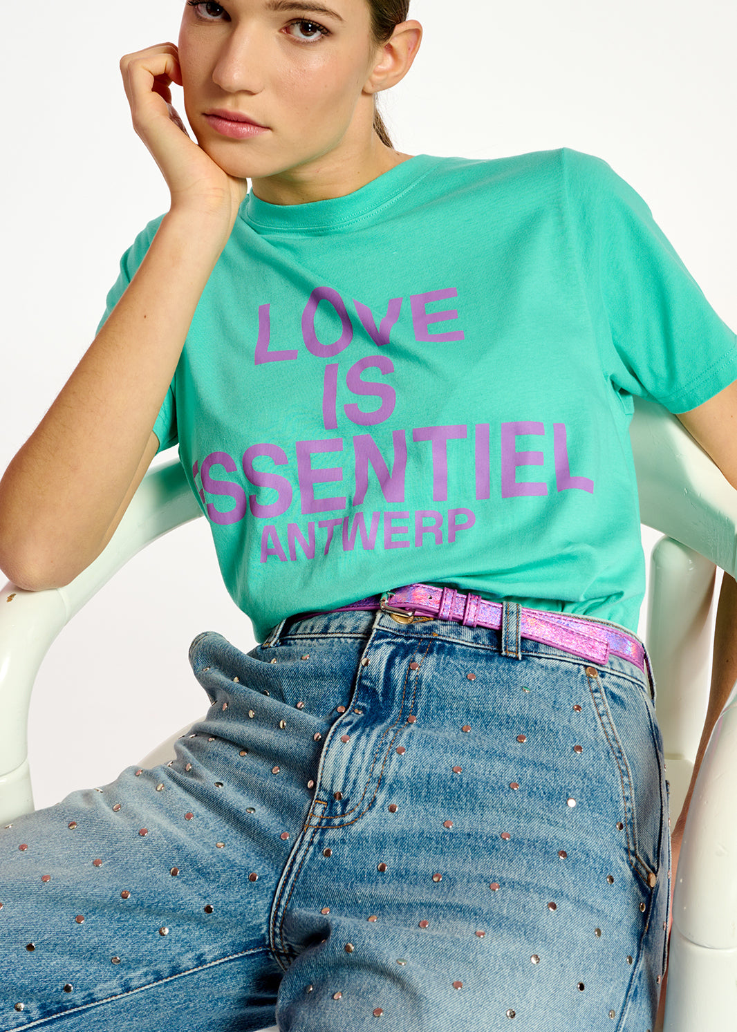 Turquoise organic cotton T-shirt with text print RE—SSENTIEL | Essentiel second hand