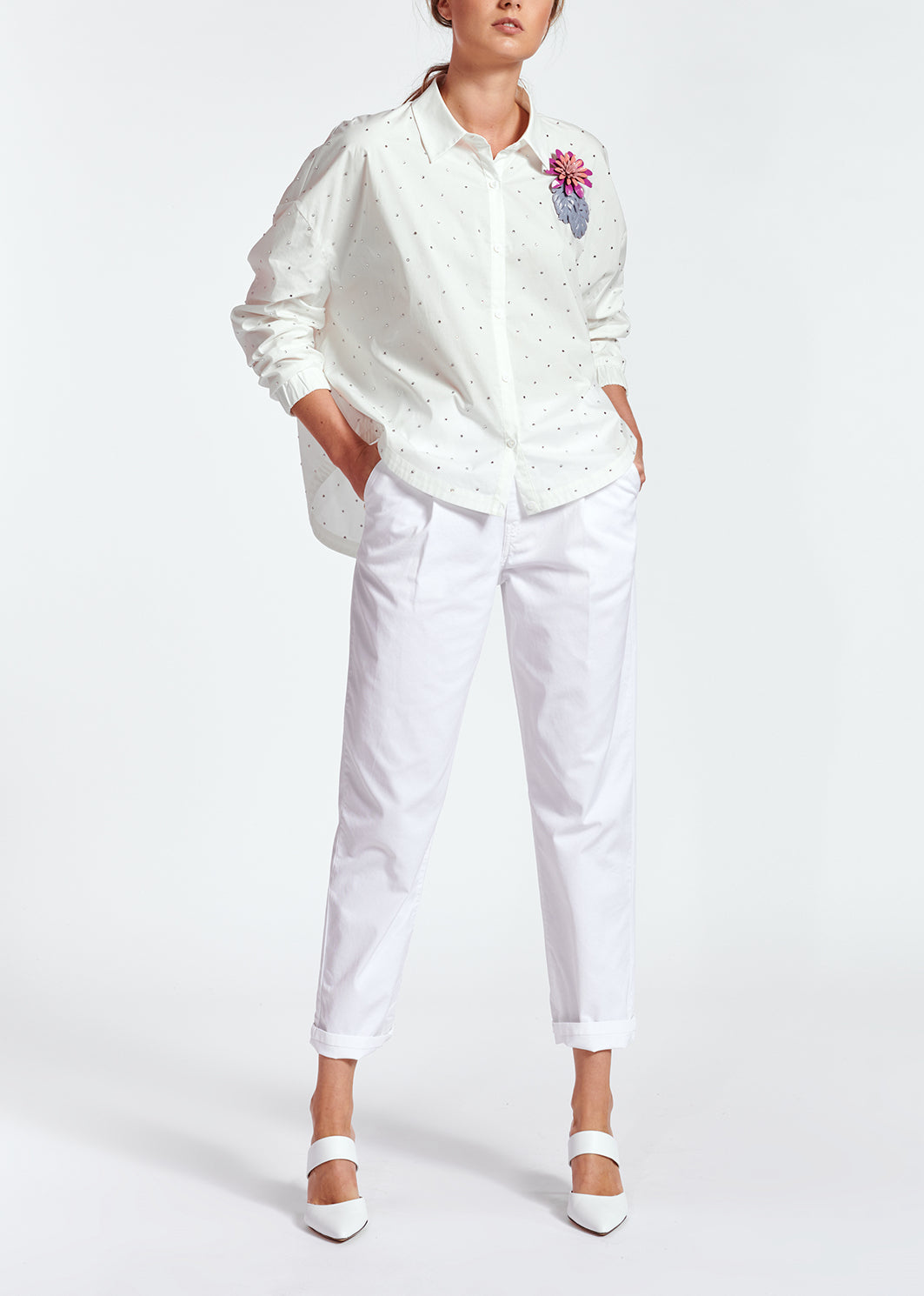 White oversized cotton-poplin shirt with rhinestones RE—SSENTIEL | Essentiel second hand