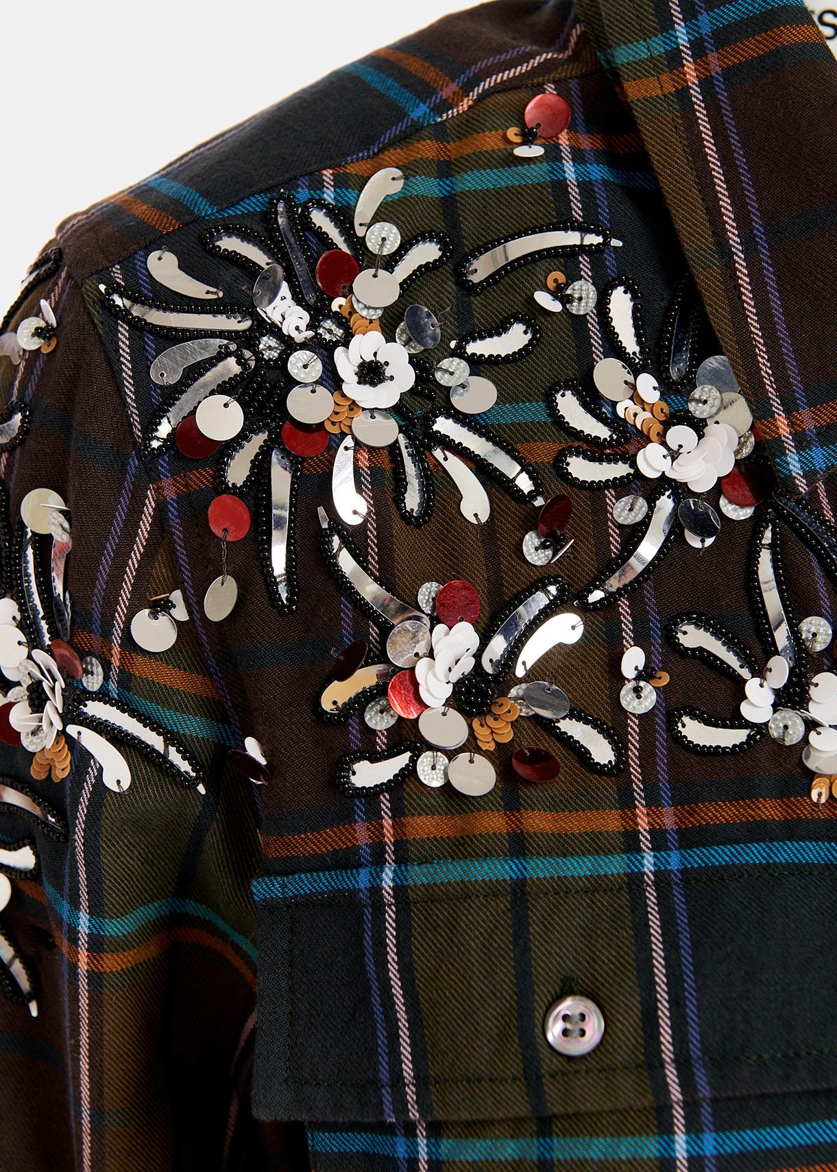 Chemise kaki à  carreaux et broderies RE—SSENTIEL | Essentiel second hand