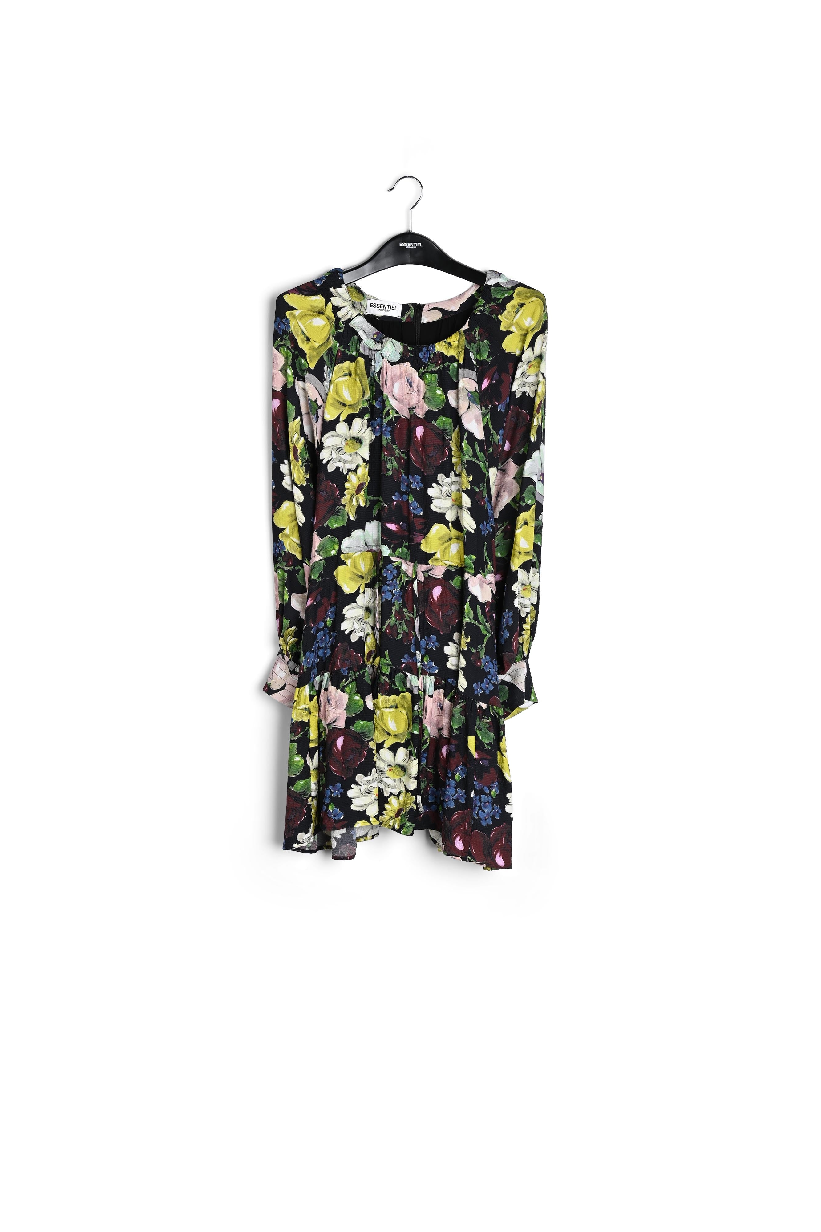 Donkerblauwe, lila en gebroken witte mini-jurk met grafische print RE—SSENTIEL | Essentiel second hand