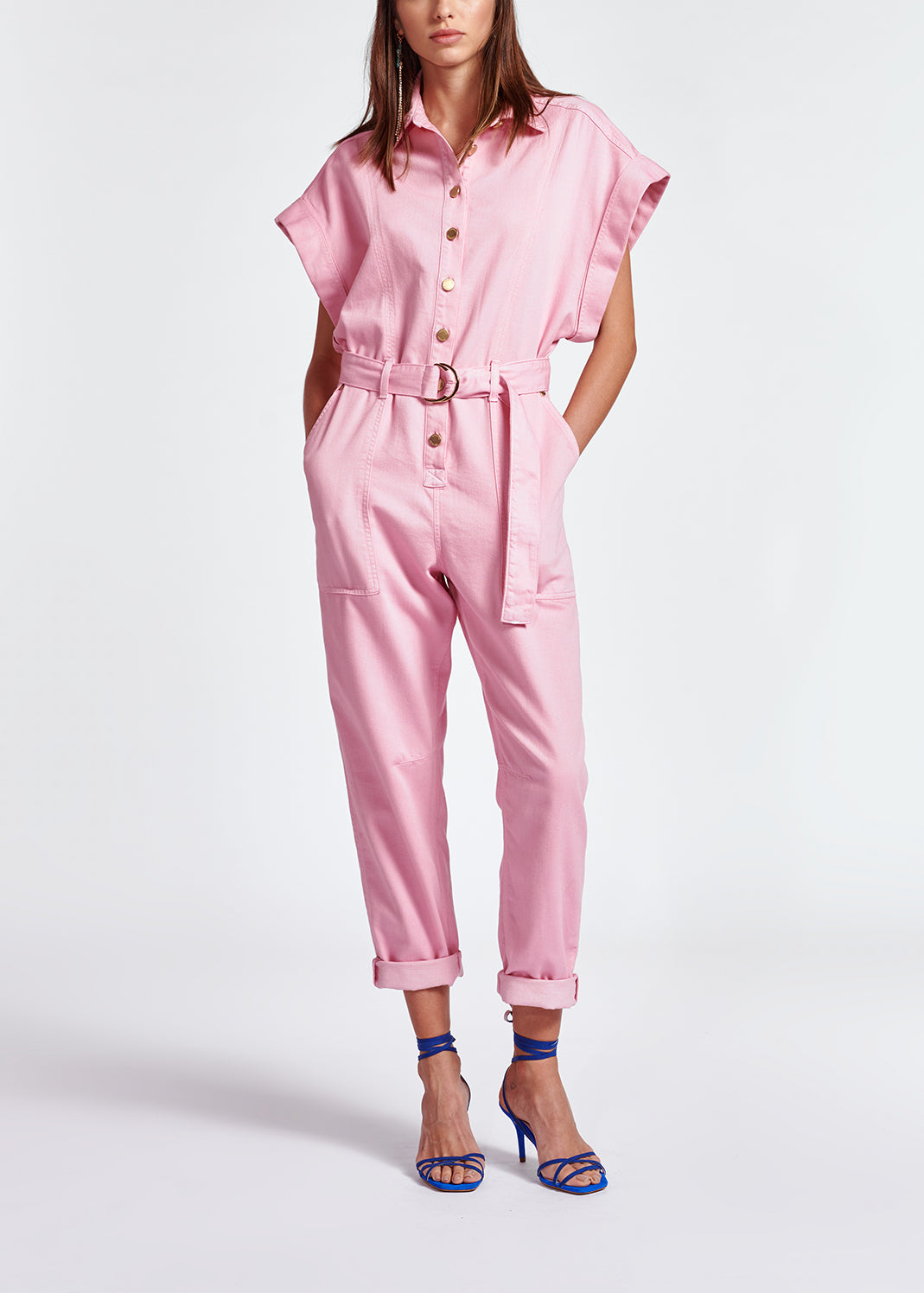 Light pink short-sleeved denim jumpsuit RE—SSENTIEL | Essentiel second hand