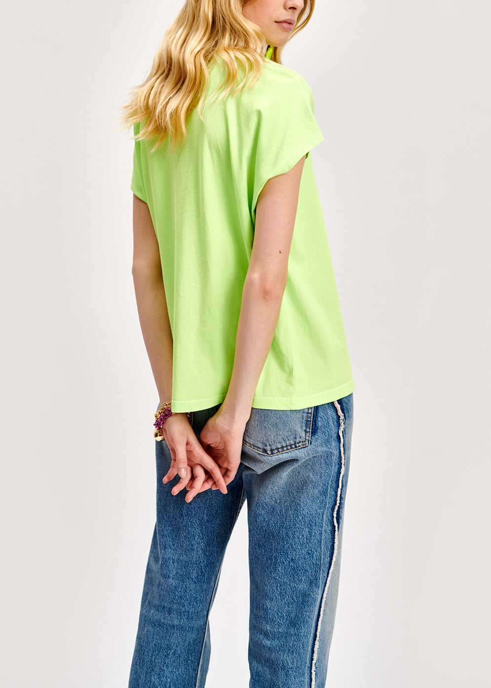 Neon yellow sleeveless cotton t-shirt with logo-print RE—SSENTIEL | Essentiel second hand