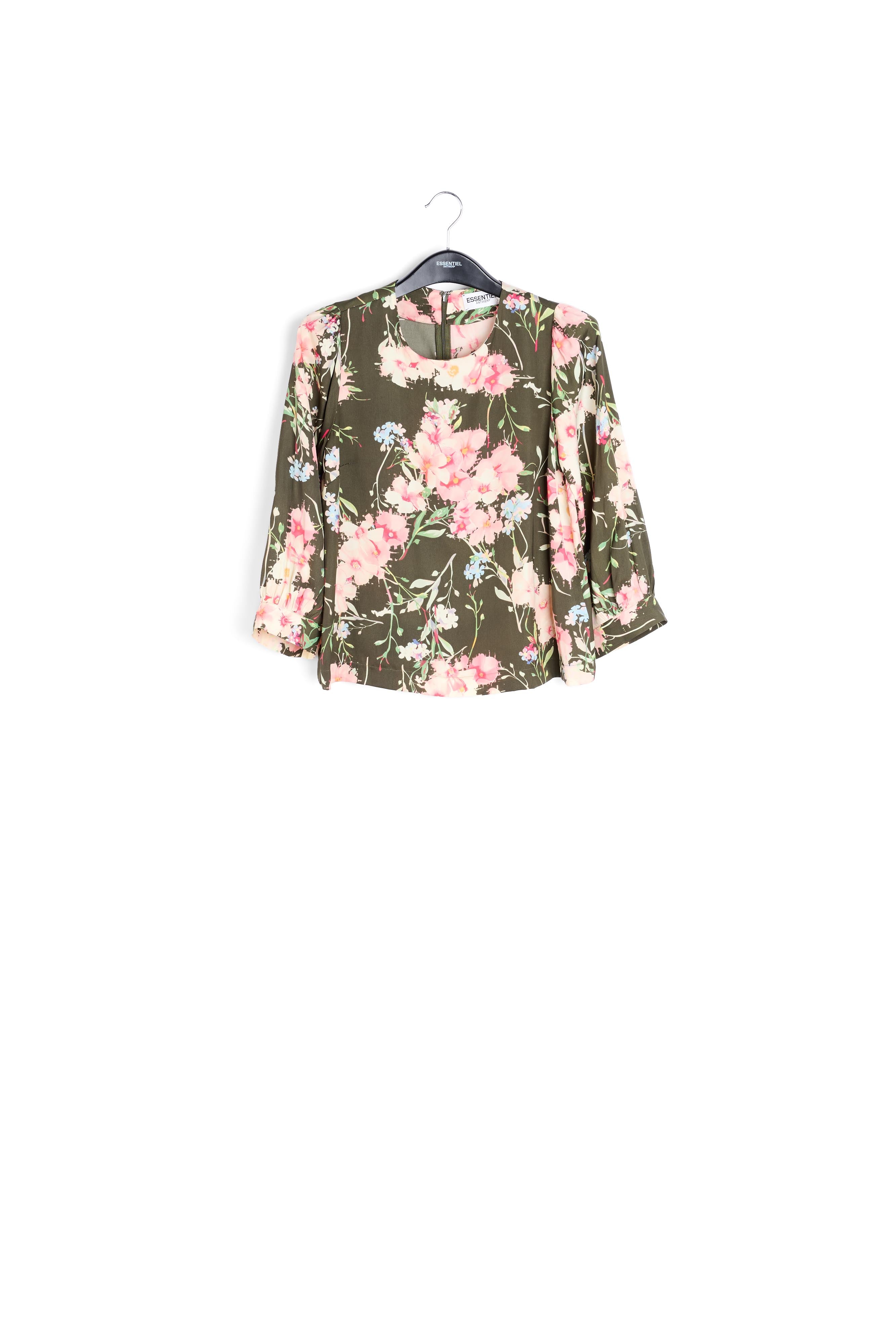 Khaki floral top with puff sleeves RE—SSENTIEL | Essentiel second hand
