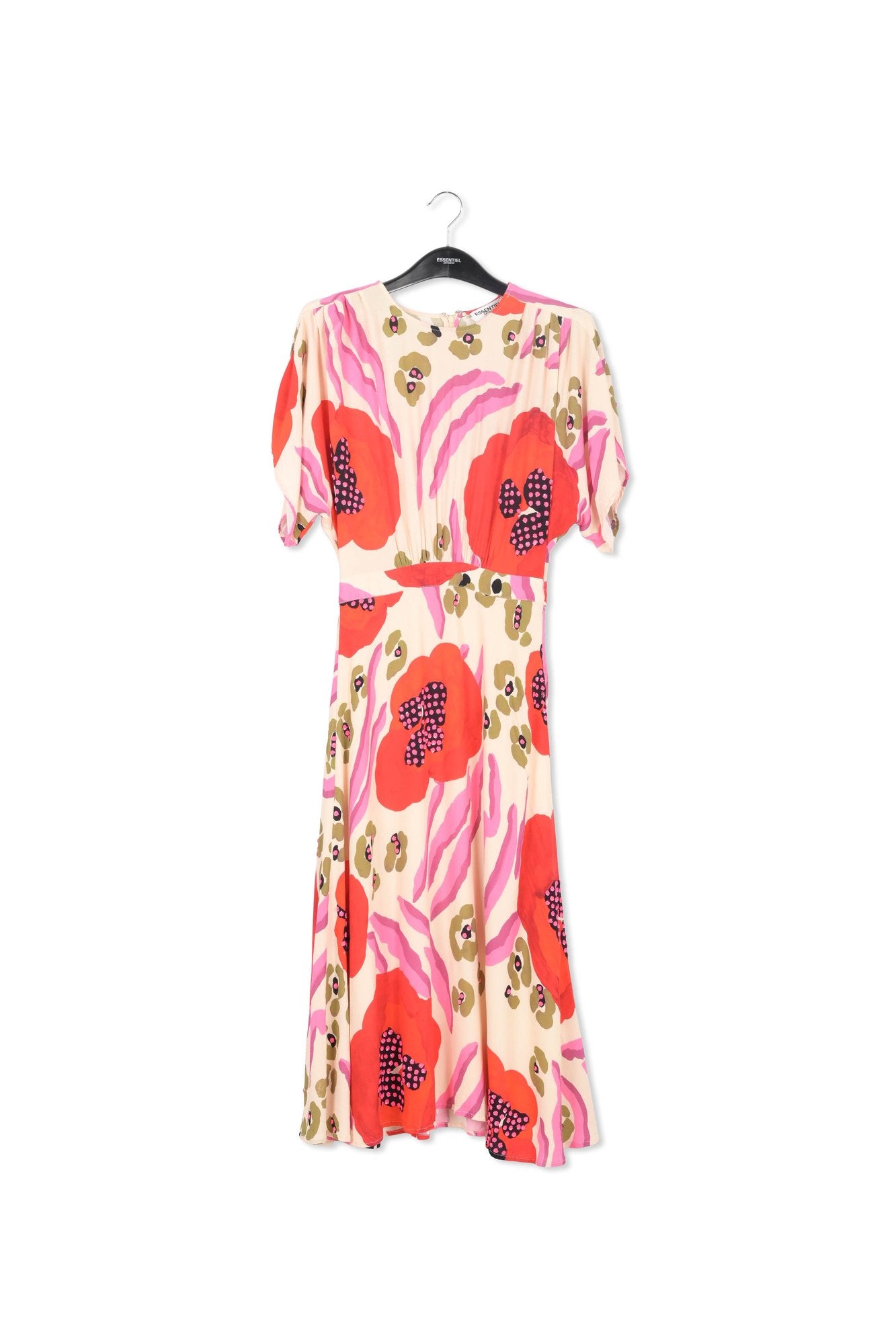 Ecru, red and pink abstract print midi-length dress RE—SSENTIEL | Essentiel second hand
