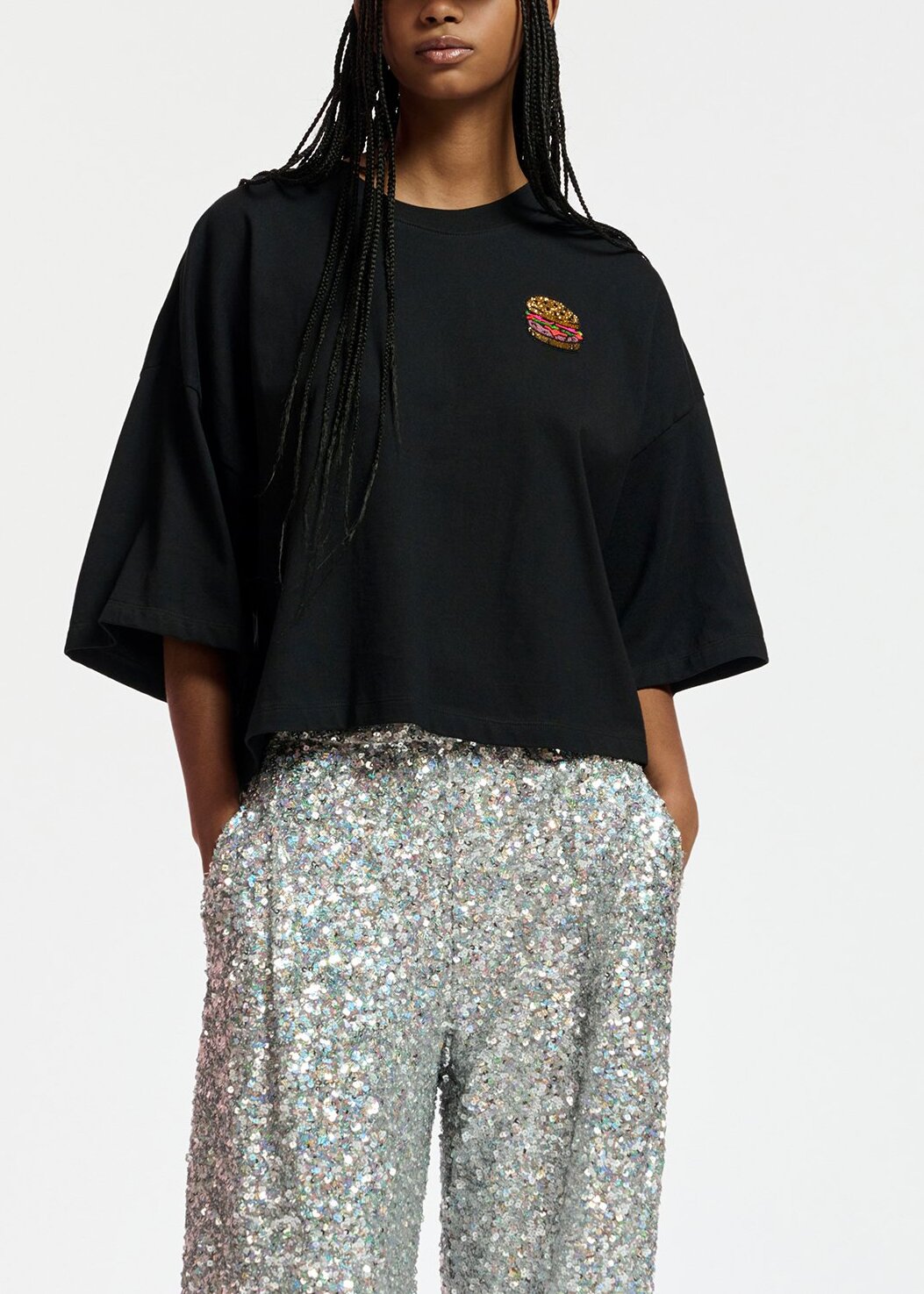 Black organic cotton T-shirt with hamburger embroidery RE—SSENTIEL | Essentiel second hand