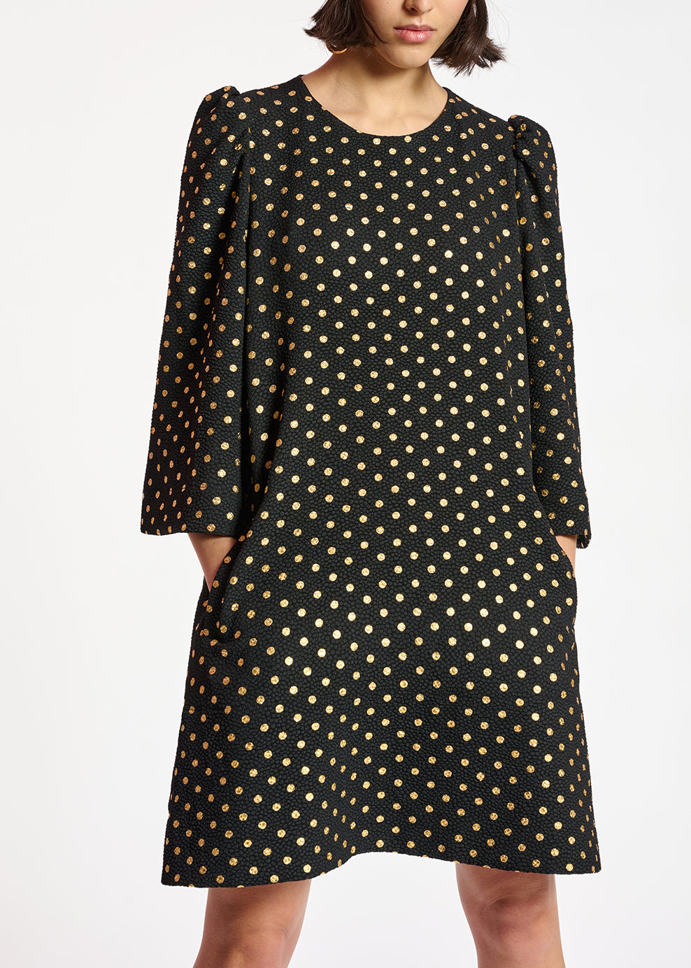 Black and gold polka-dot mini dress with trumpet sleeves RE—SSENTIEL | Essentiel second hand
