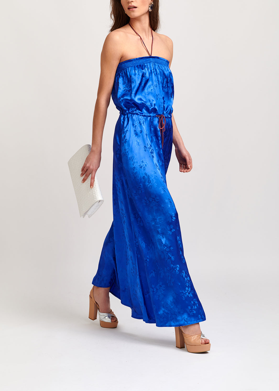 Robe maxi en jacquard bleu cobalt à  fleurs RE—SSENTIEL | Essentiel second hand