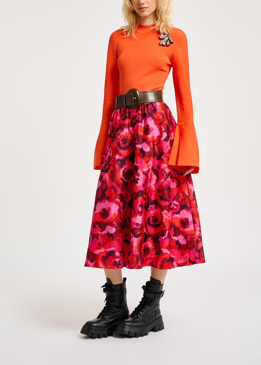 Pink, red and purple floral-jacquard midi skirt RE—SSENTIEL | Essentiel second hand