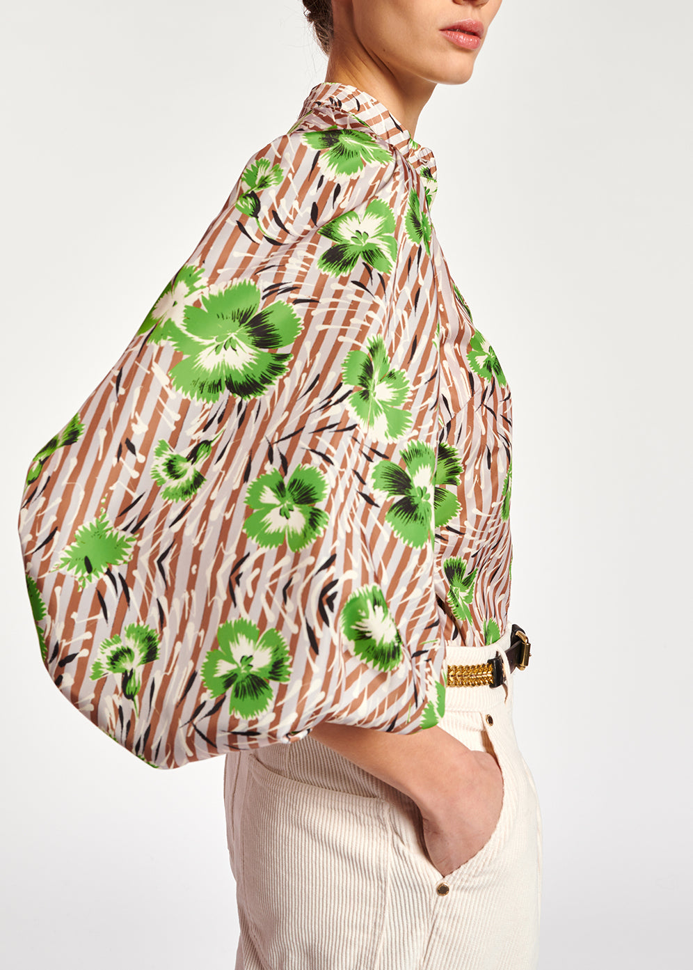 Stripe and green floral print puffed-sleeve top RE—SSENTIEL | Essentiel second hand