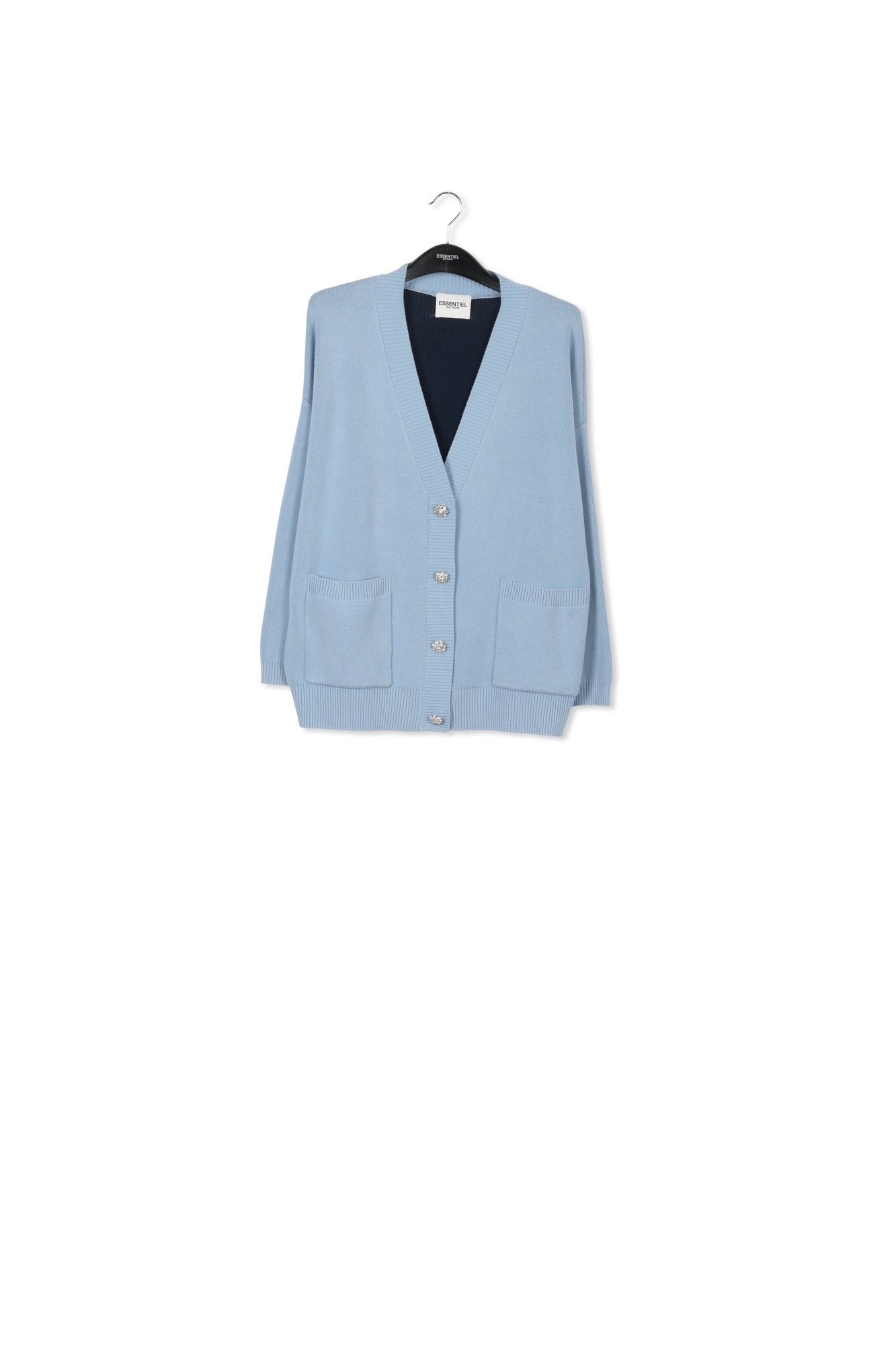 Cardigan bleu clair en v avec boutons à strass RE—SSENTIEL | Essentiel second hand