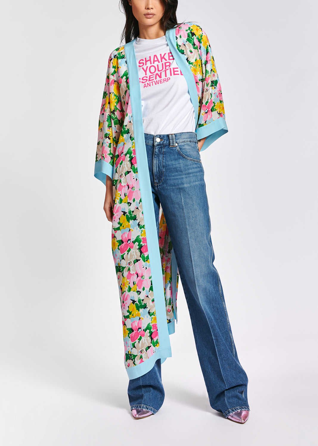 Light blue, pink and green floral kimono RE—SSENTIEL | Essentiel second hand