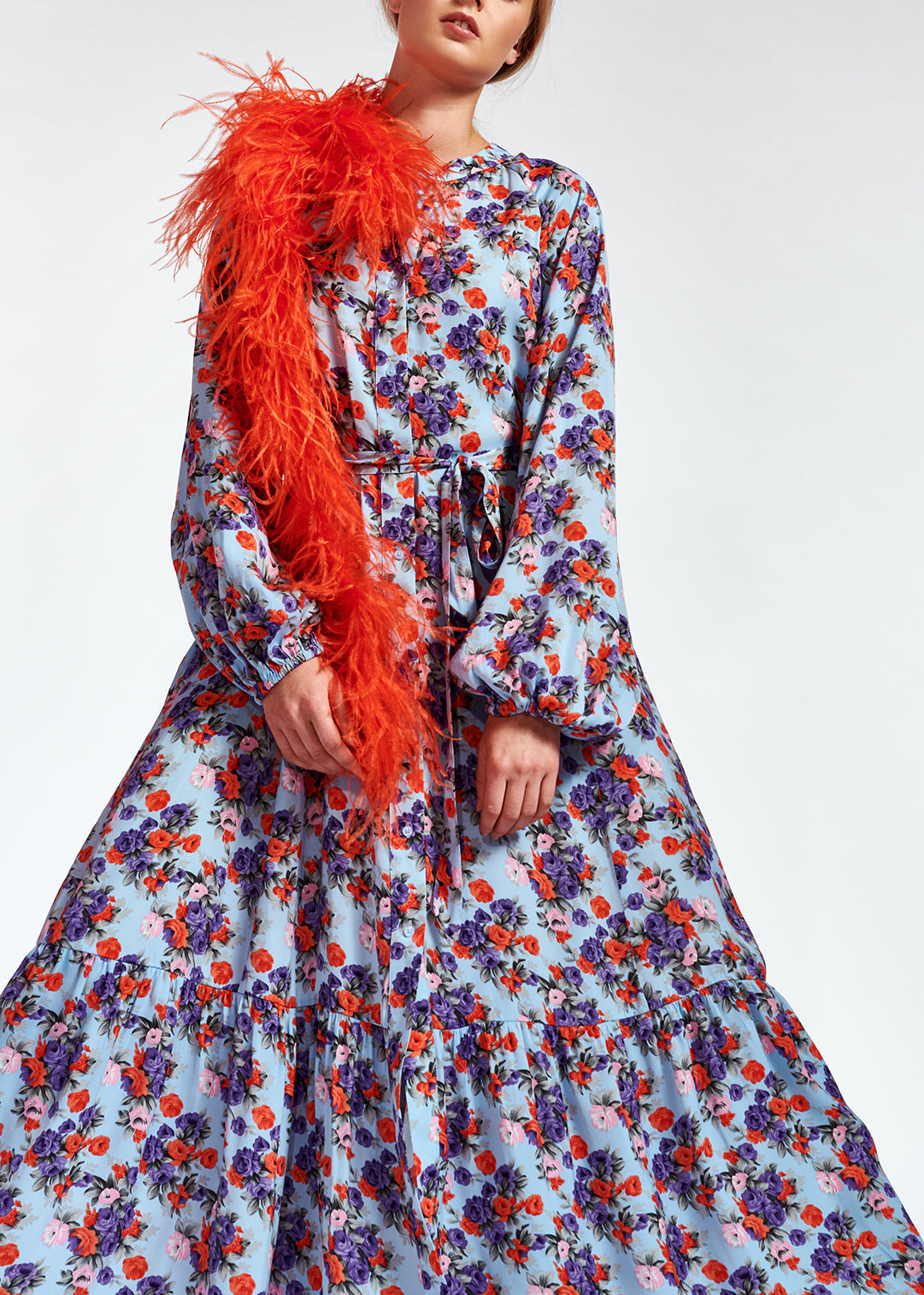 Light blue long-sleeved floral maxi dress RE—SSENTIEL | Essentiel second hand