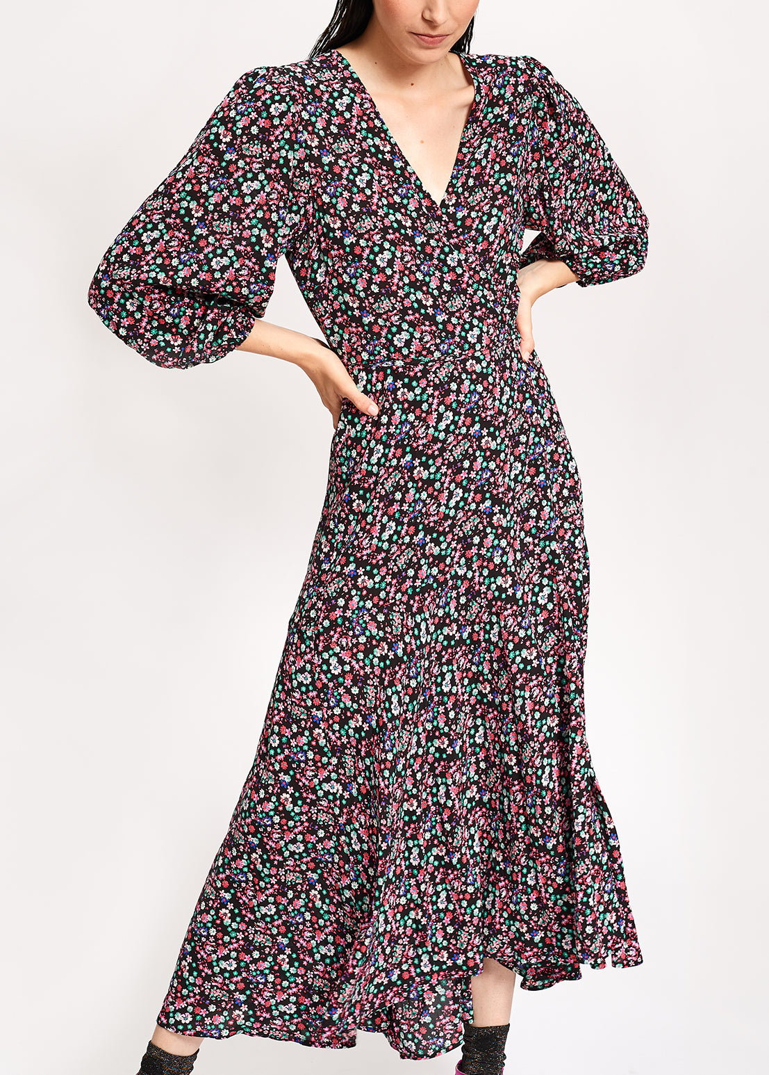 Black floral-print wrap maxi dress RE—SSENTIEL | Essentiel second hand