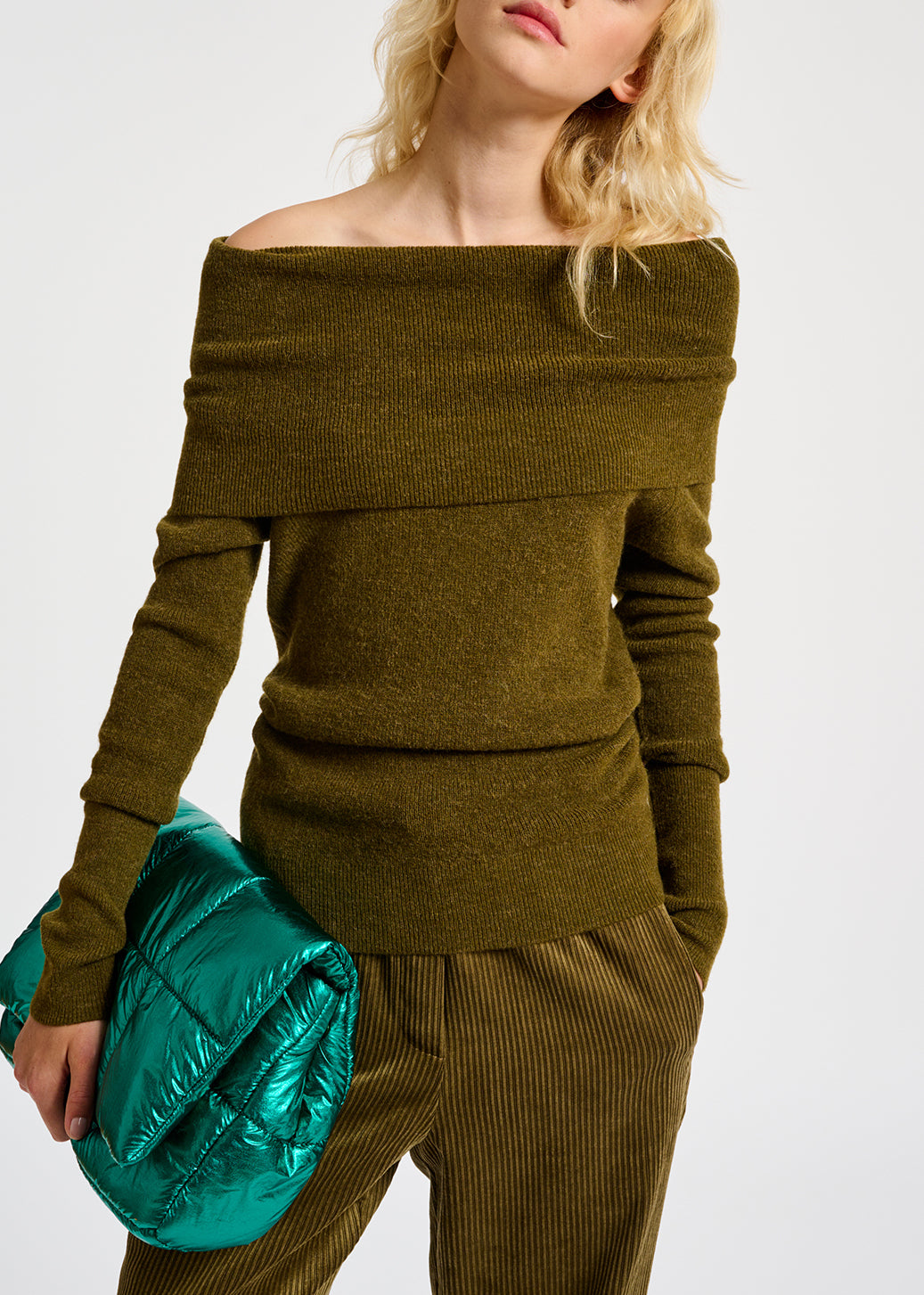 Khaki off-the-shoulder knit sweater RE—SSENTIEL | Essentiel second hand