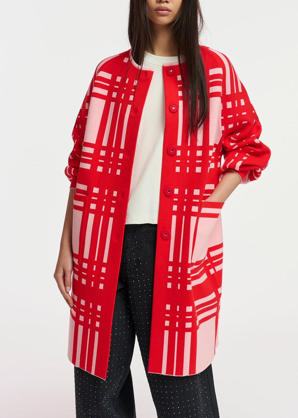 Cardigan à  carreaux rose clair et rouge RE—SSENTIEL | Essentiel second hand