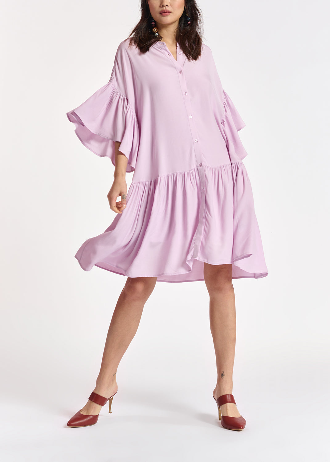 Lilac mini dress with ruffled sleeves RE—SSENTIEL | Essentiel second hand