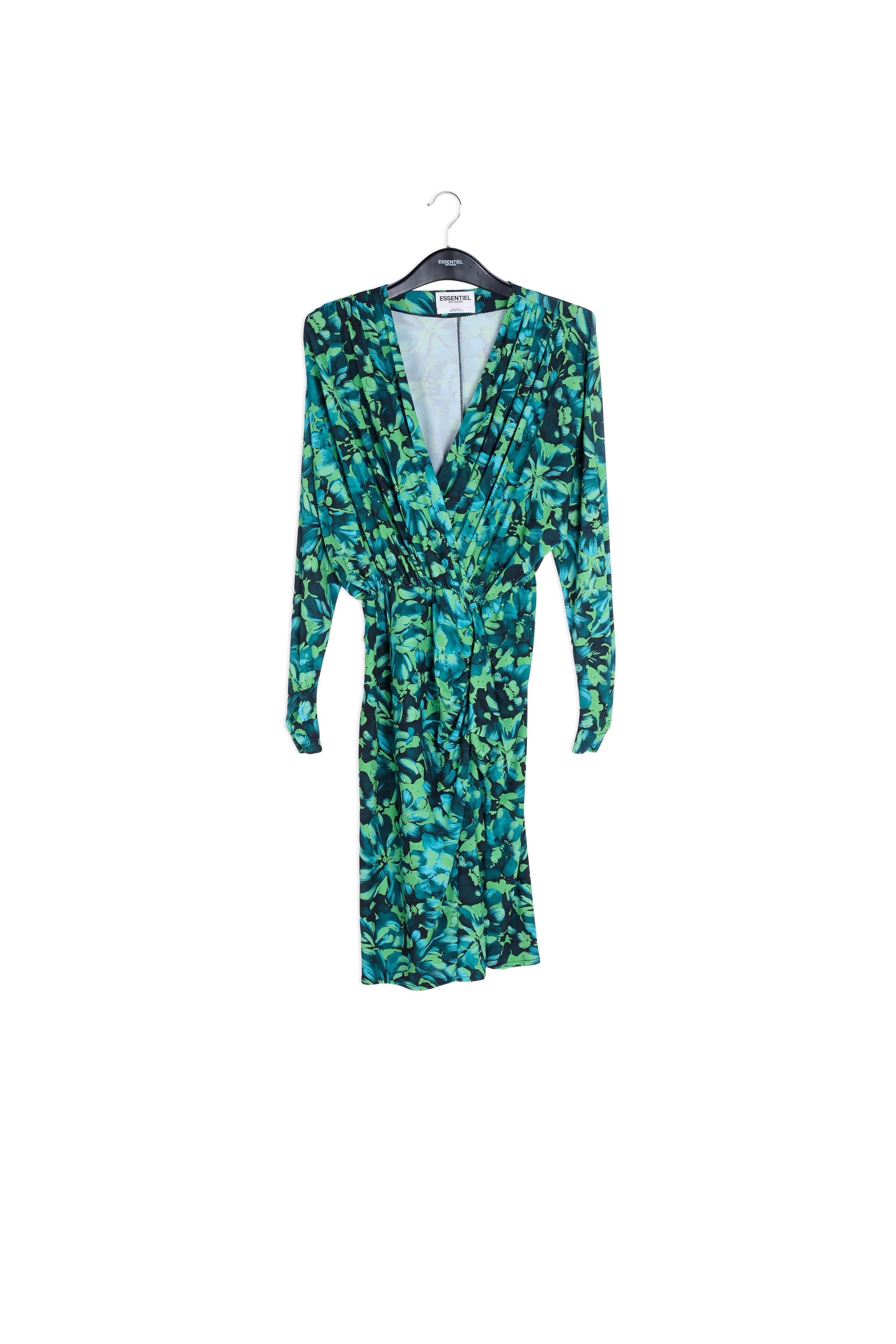 Groene en blauwe wikkeljurk met gedrapeerd detail RE—SSENTIEL | Essentiel second hand
