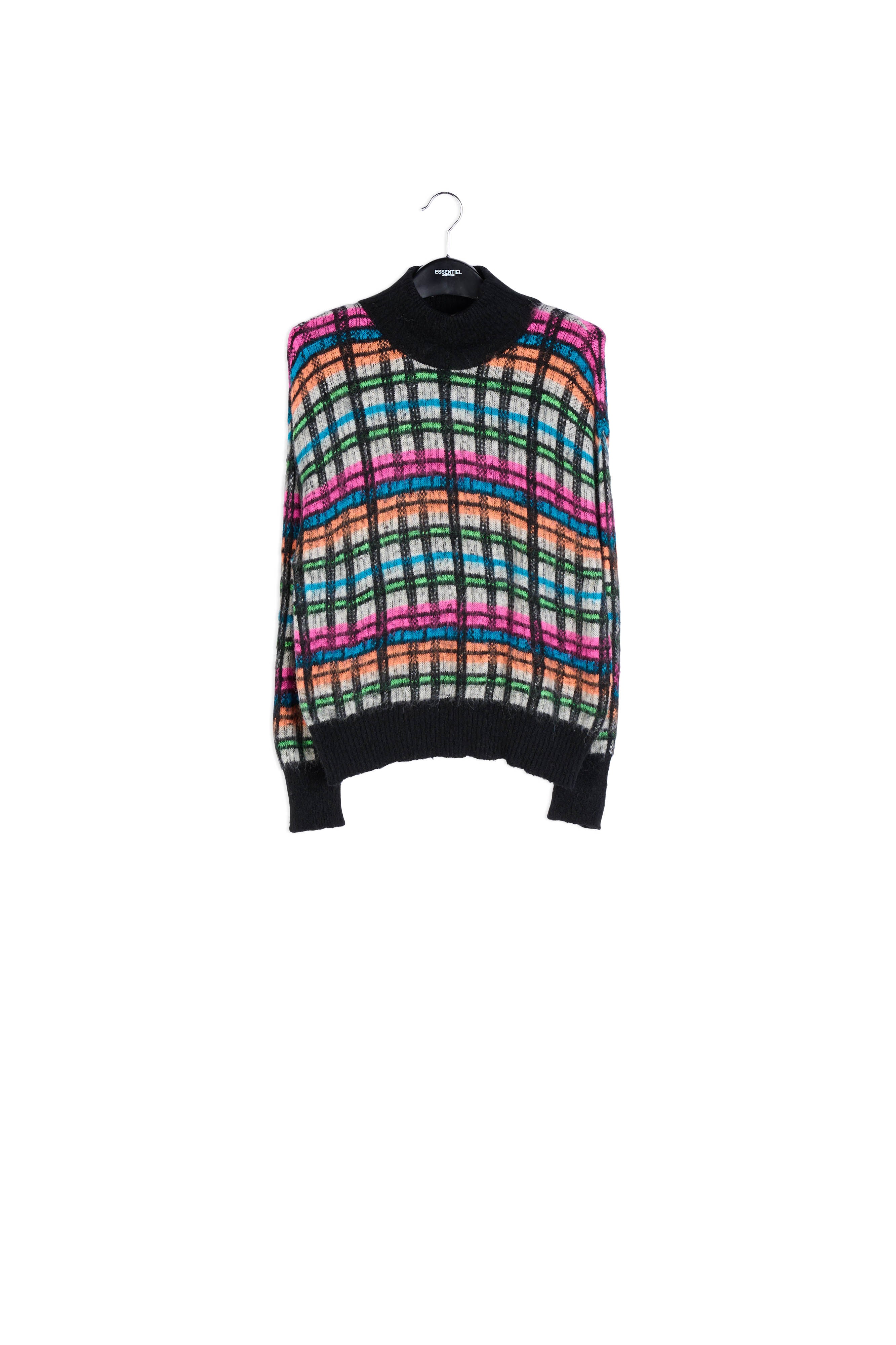 Pull tricoté noir, blanc et fuchsia à finition brossée RE—SSENTIEL | Essentiel second hand