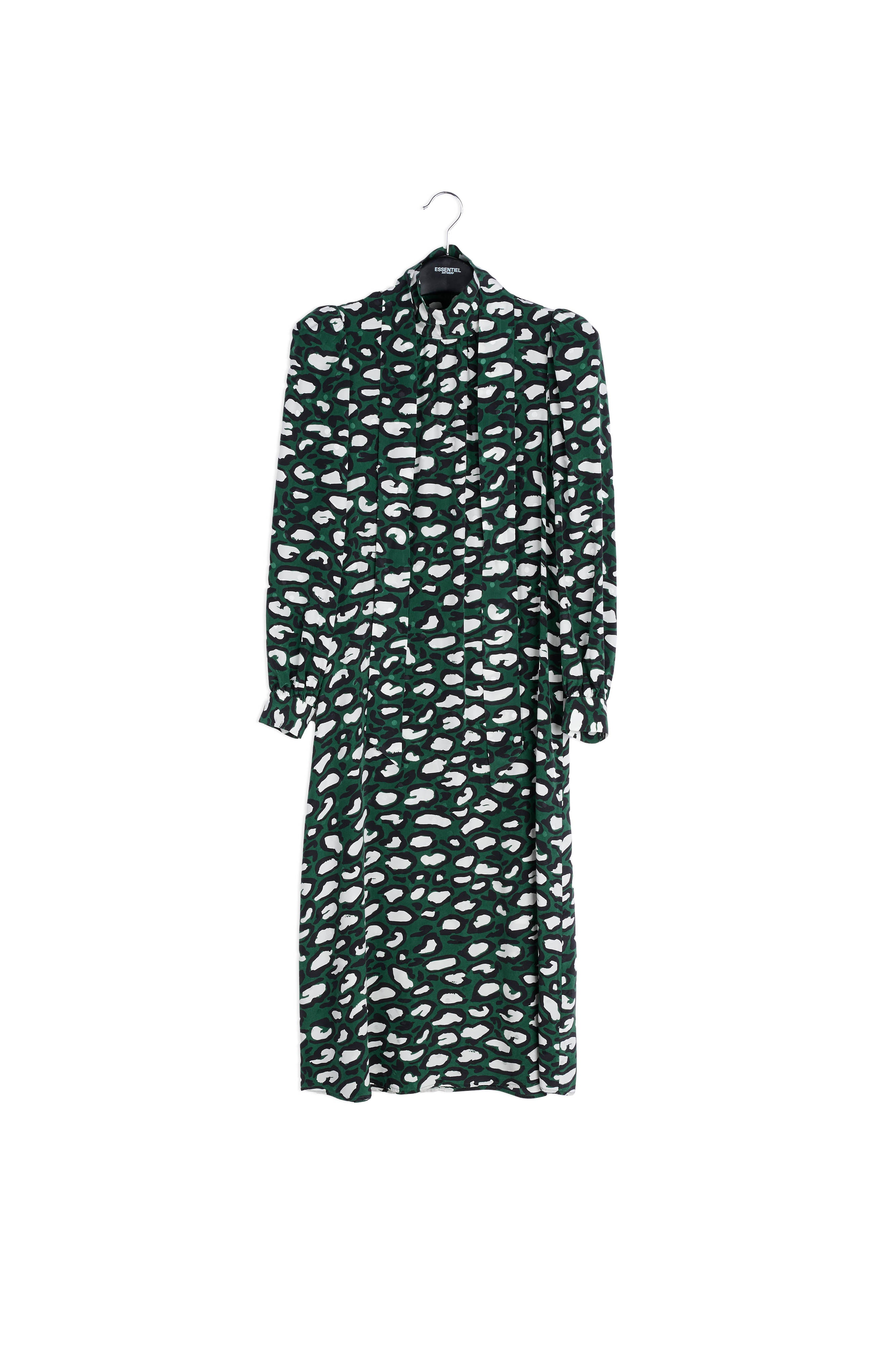Flesgroene zijden midi-jurk met opstaande kraag en luipaardprint RE—SSENTIEL | Essentiel second hand