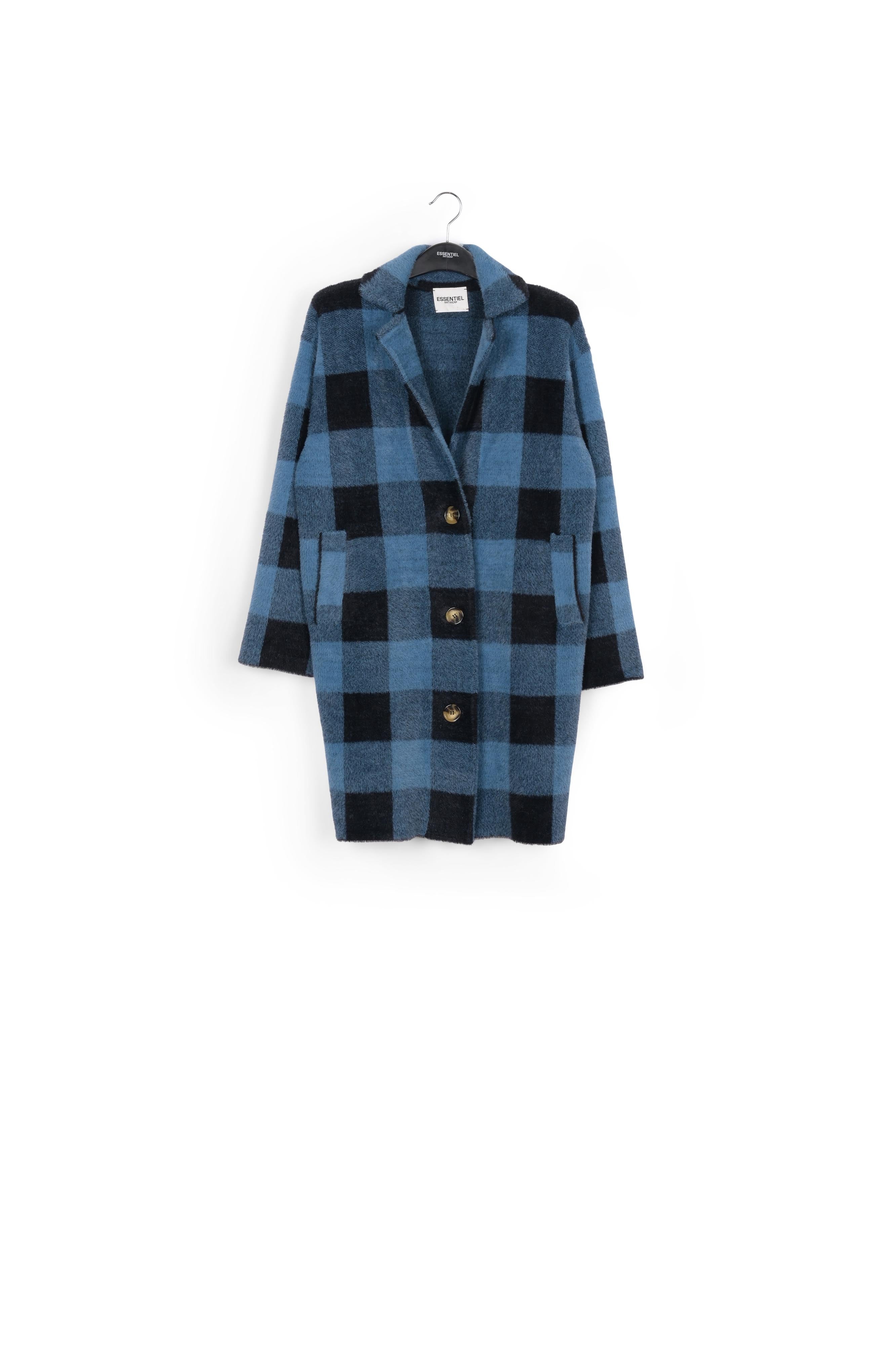 Manteau tricoté à carreaux noirs et bleus RE—SSENTIEL | Essentiel second hand