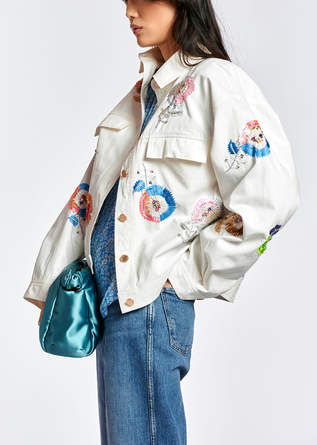 Off-white floral-embroidered cotton denim jacket RE—SSENTIEL | Essentiel second hand