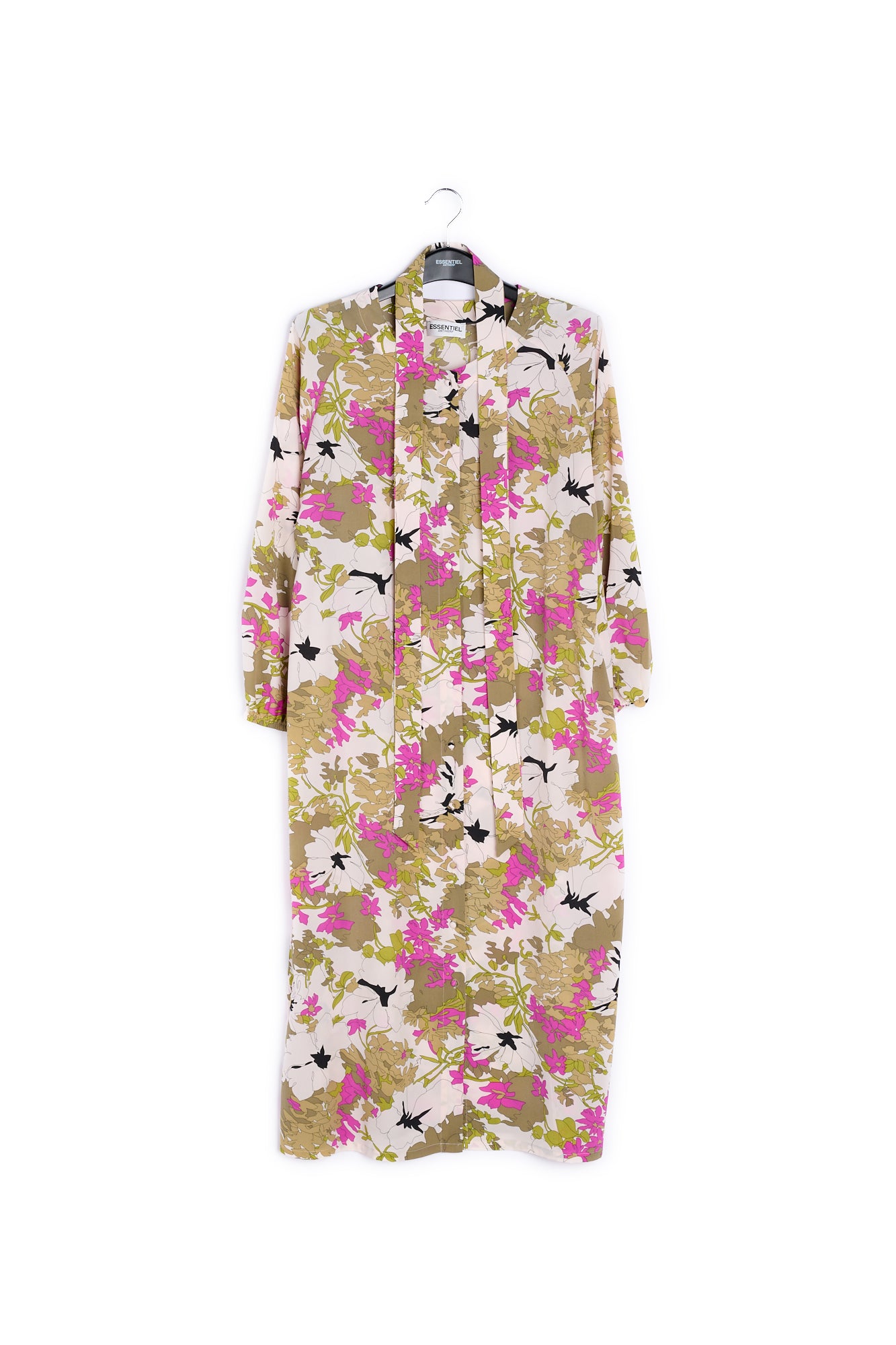 Khaki green, white and pink floral print shirt dress RE—SSENTIEL | Essentiel second hand