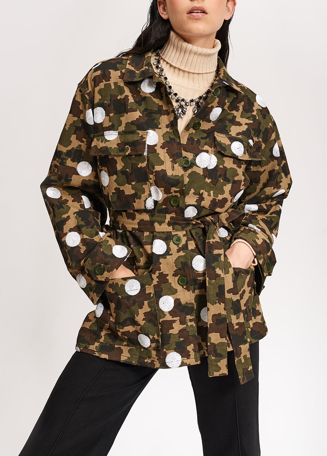 Camouflage-print cotton jacket with white sequin polka dots RE—SSENTIEL | Essentiel second hand
