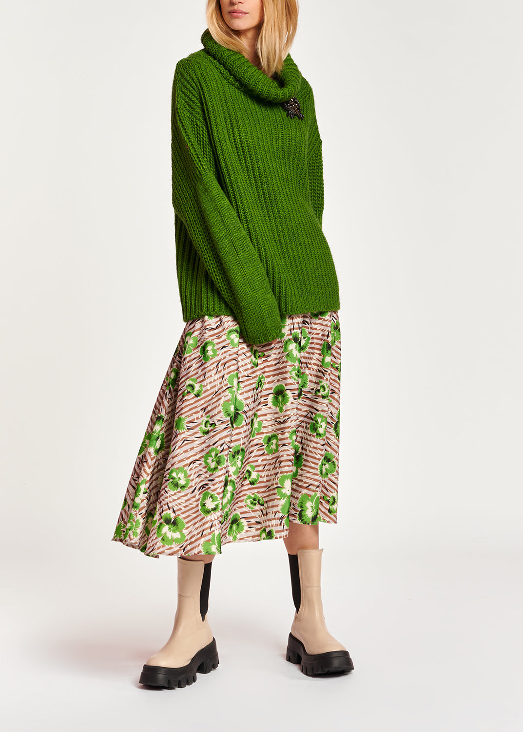 Stripe and green floral print A-line skirt RE—SSENTIEL | Essentiel second hand