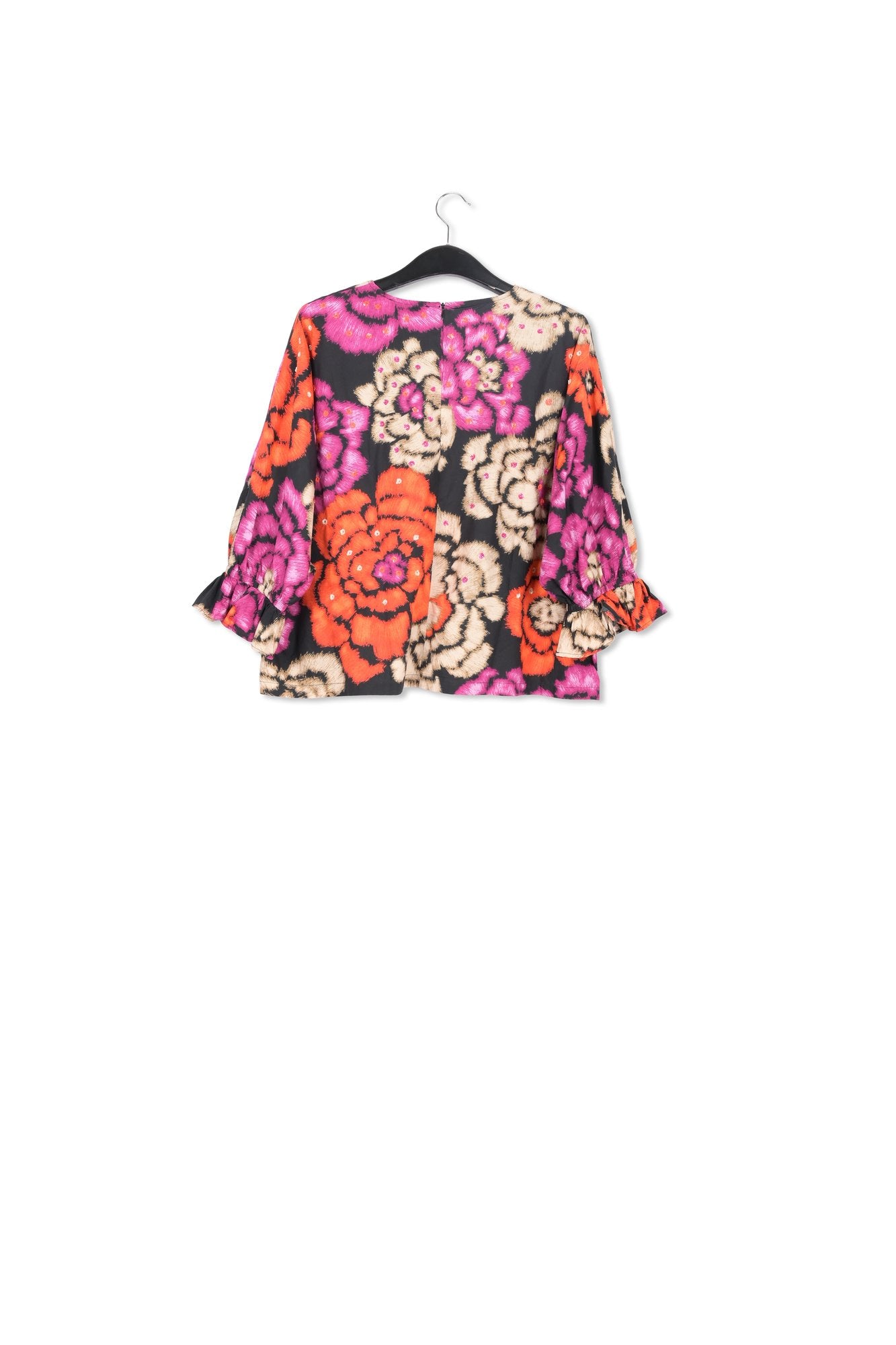 Zwarte, oranje en ecru top met pofmouwen RE—SSENTIEL | Essentiel second hand