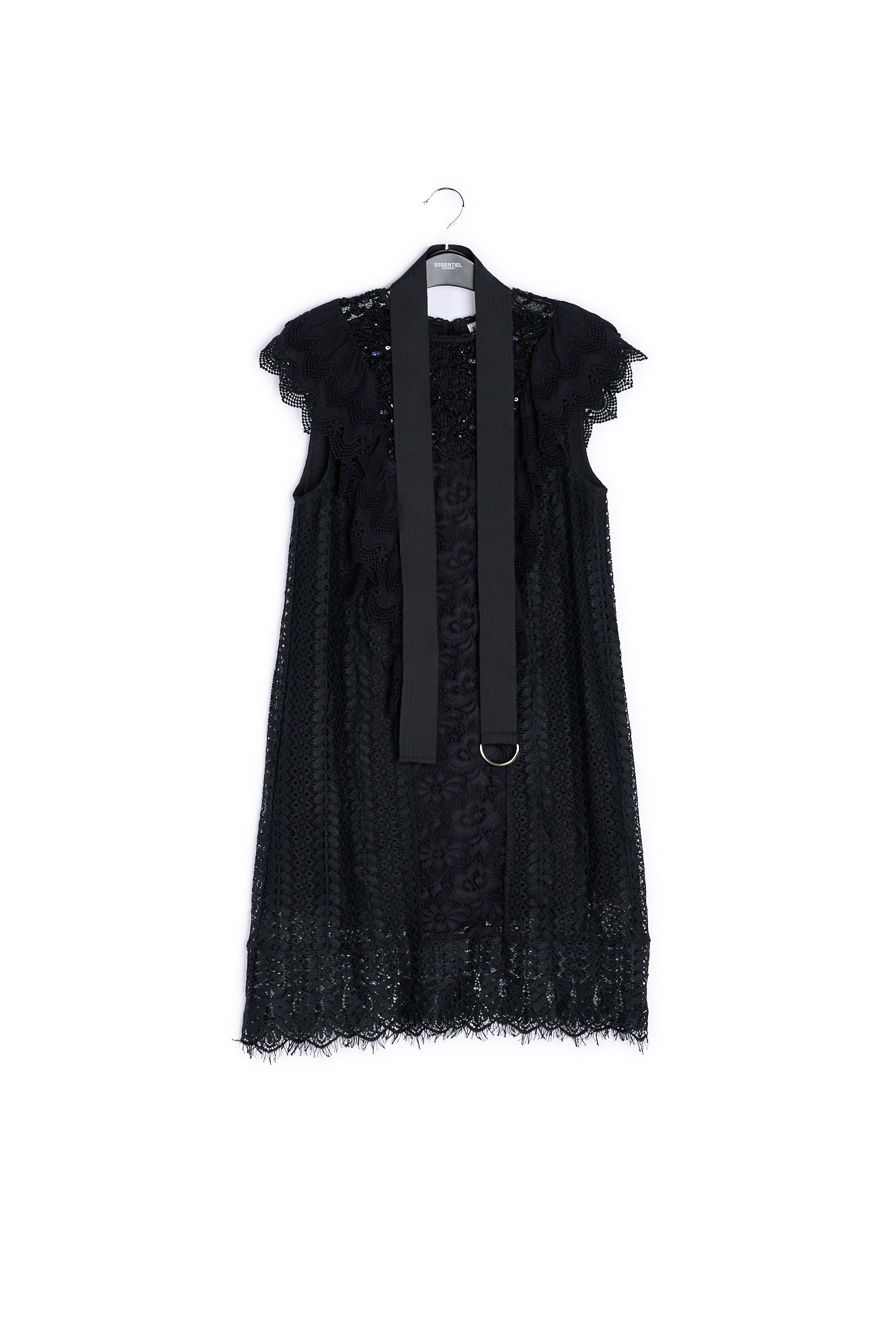 Black ruffled lace belted dress with sequins RE—SSENTIEL | Essentiel second hand