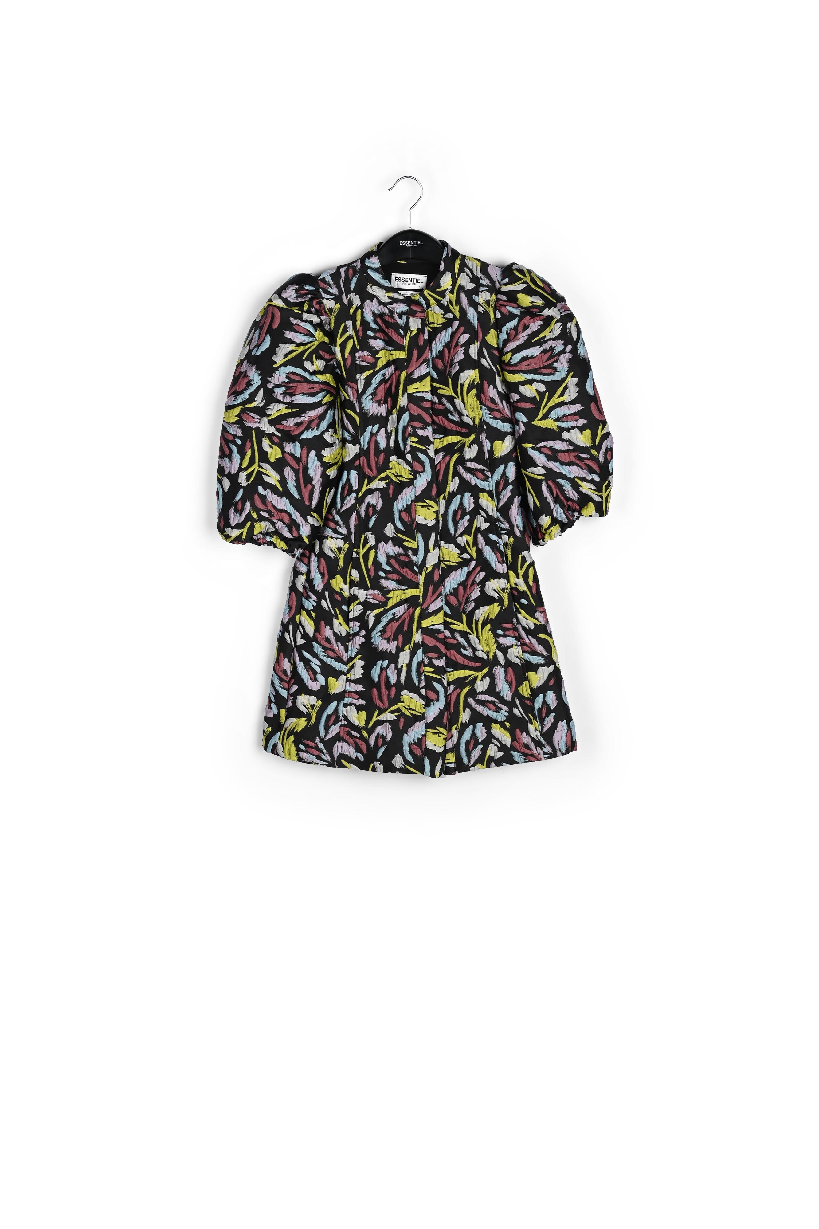 Mini-jurk in zwart, oranje en paars jacquard RE—SSENTIEL | Essentiel second hand