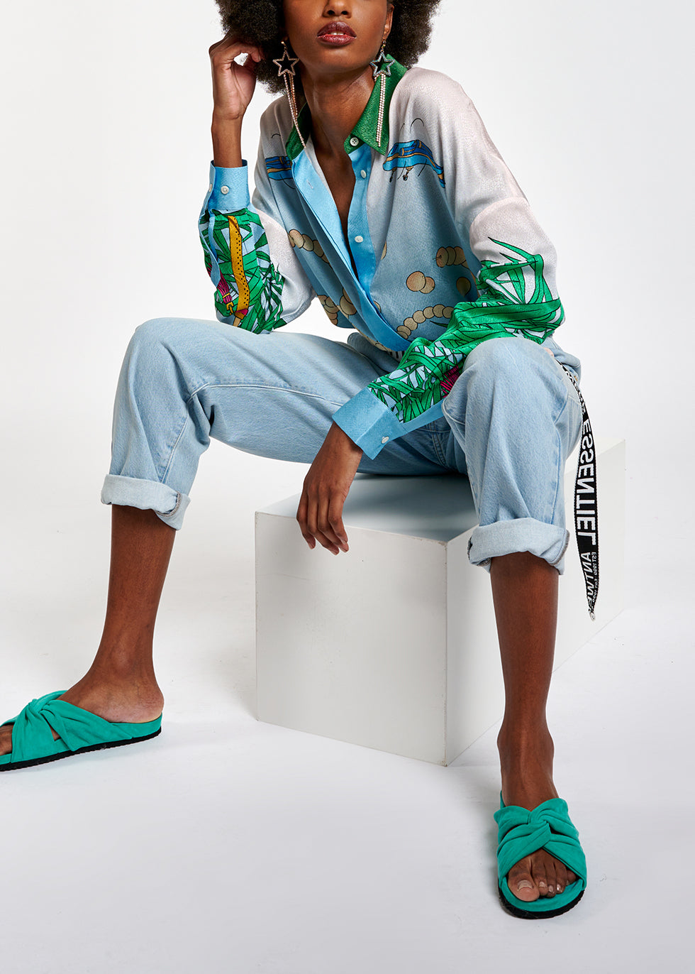 Light blue tropical print viscose-jacquard shirt RE—SSENTIEL | Essentiel second hand